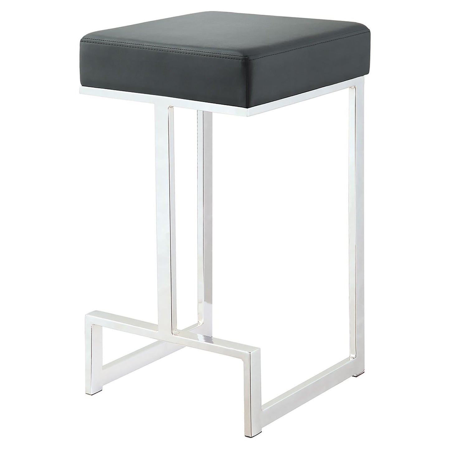 Black leatherette bar stool with a polished chrome frame