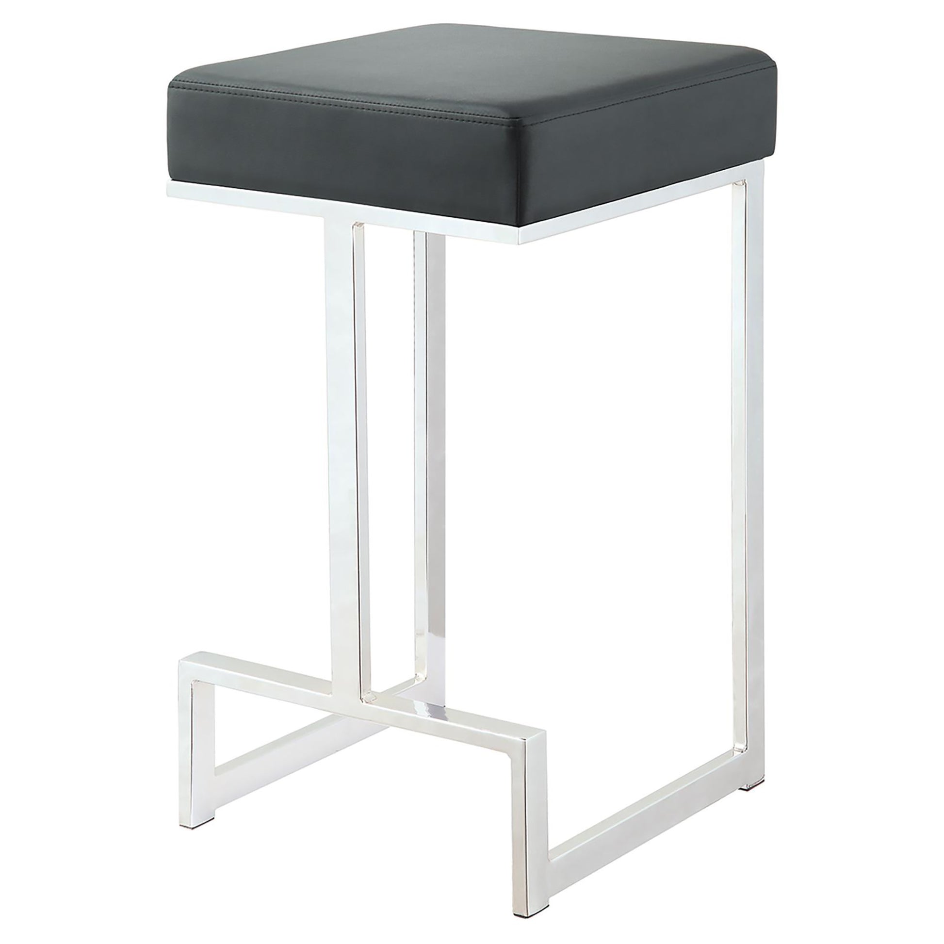 Black leatherette bar stool with a polished chrome frame