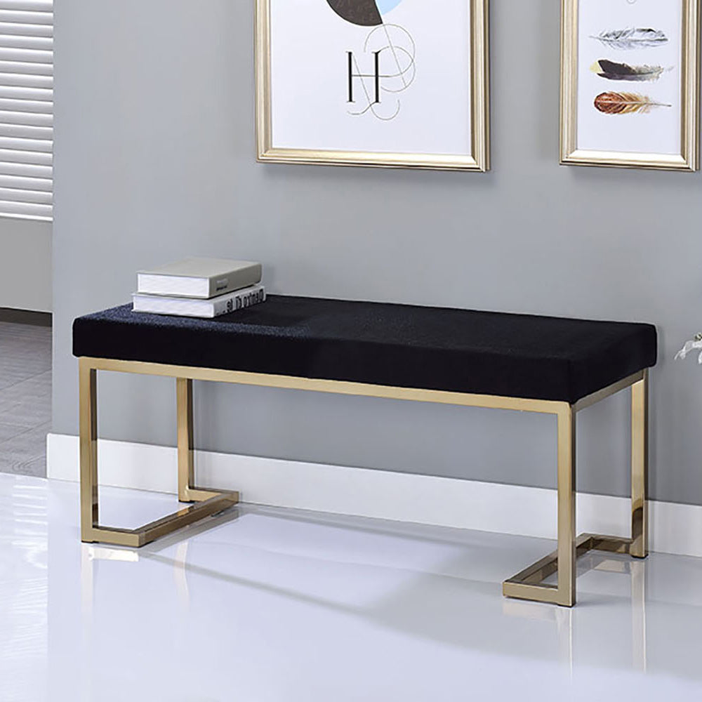 Black velvet bench with gold metal frame elegant entryway furniture