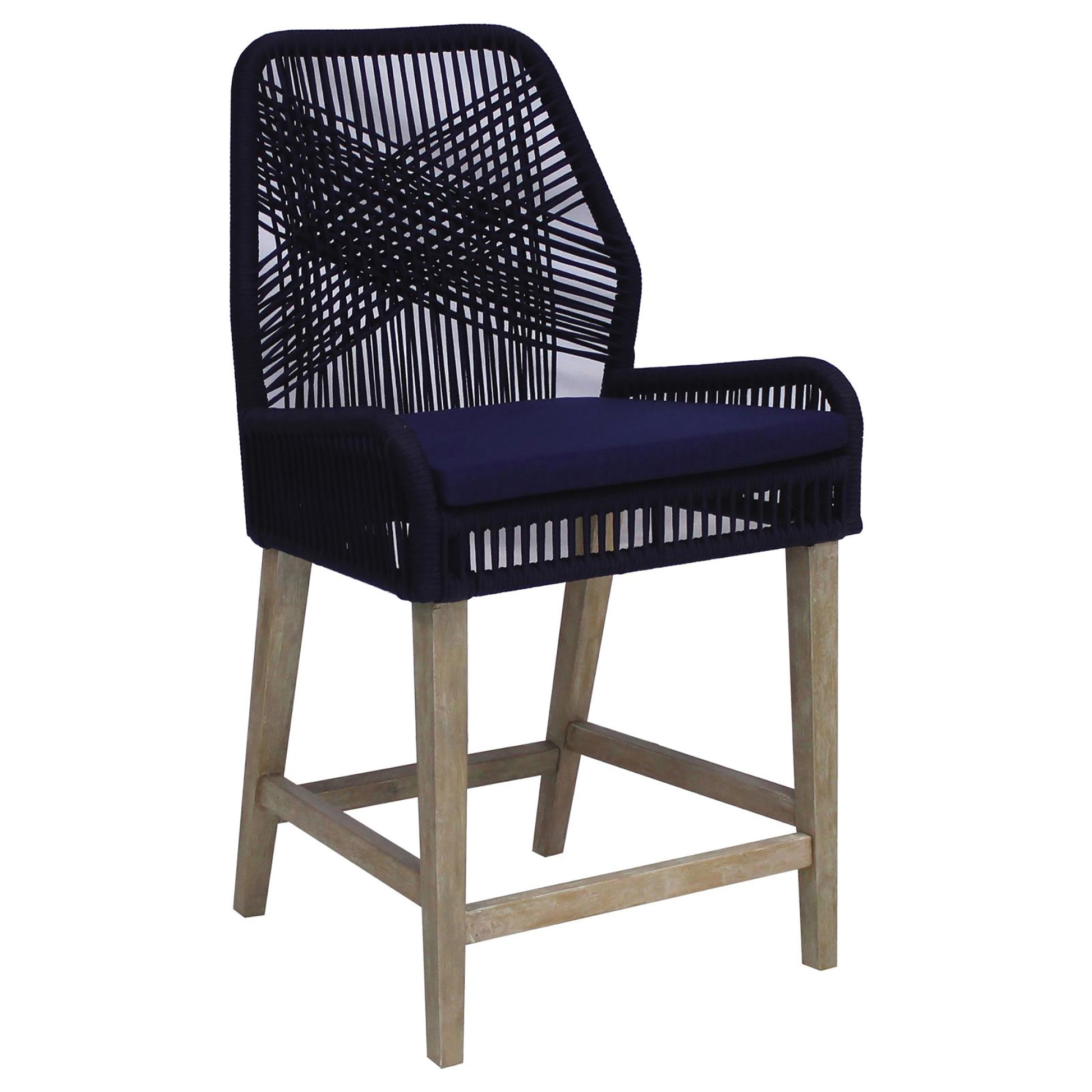 Navy rope counter stool with wooden base and navy cushion