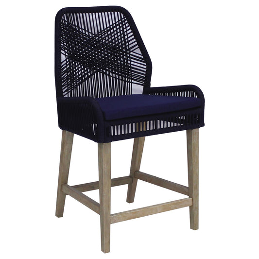 Navy rope counter stool with wooden base and navy cushion