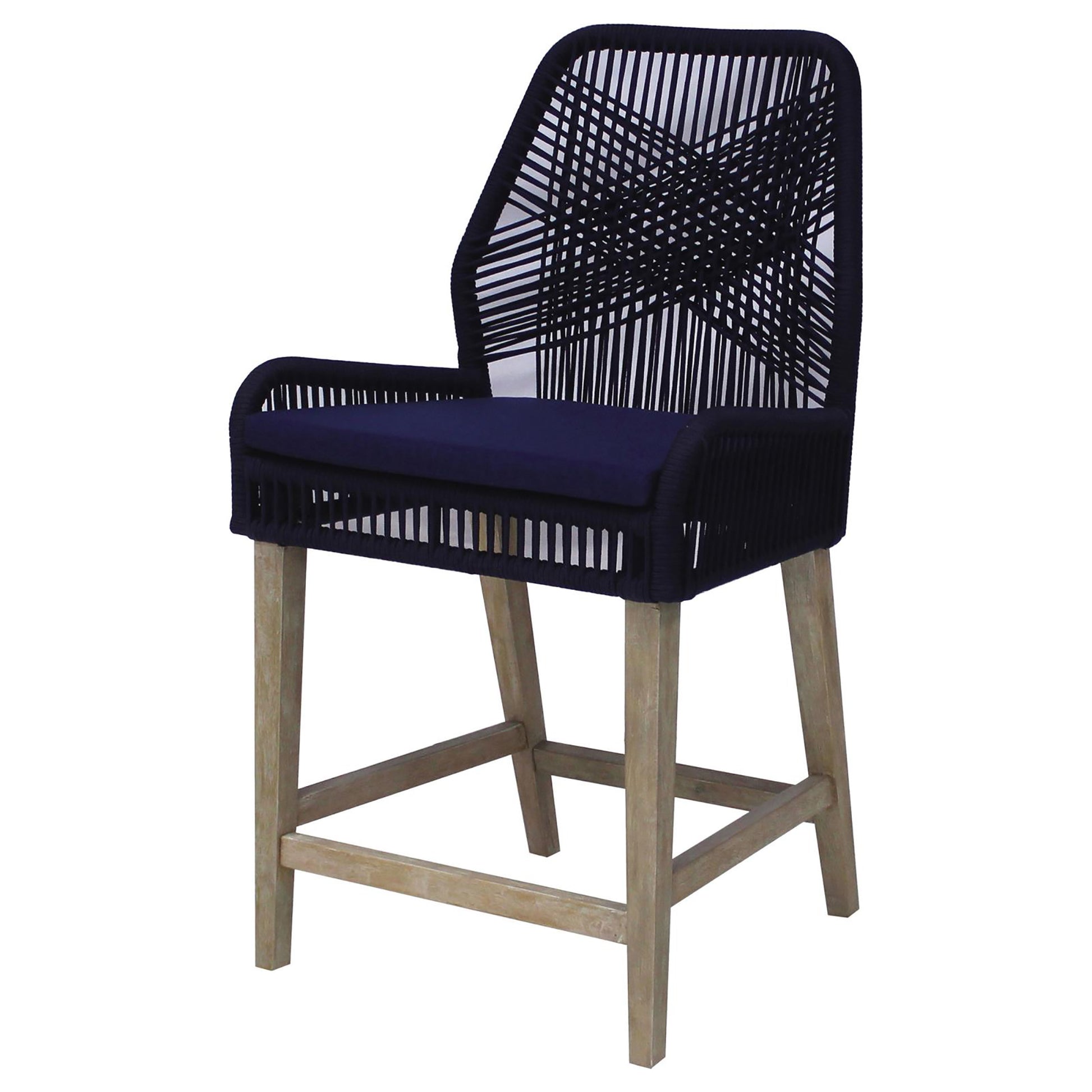 Dark navy rope woven counter stool with plush cushion and wooden legs
