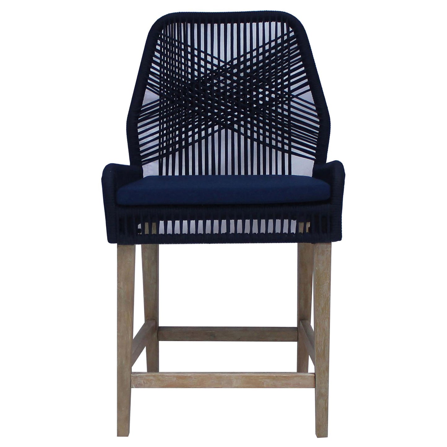 Dark navy woven rope counter stool with wooden legs and navy seat cushion