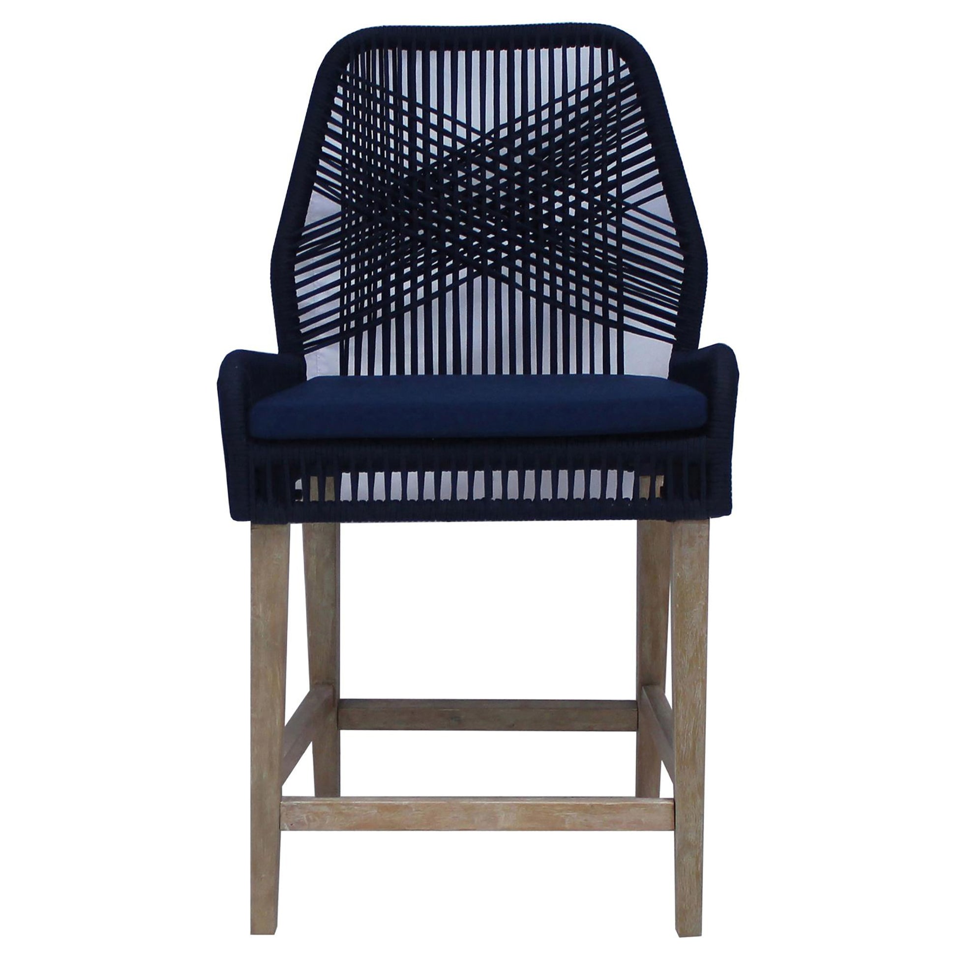 Dark navy woven rope counter stool with wooden legs and navy seat cushion