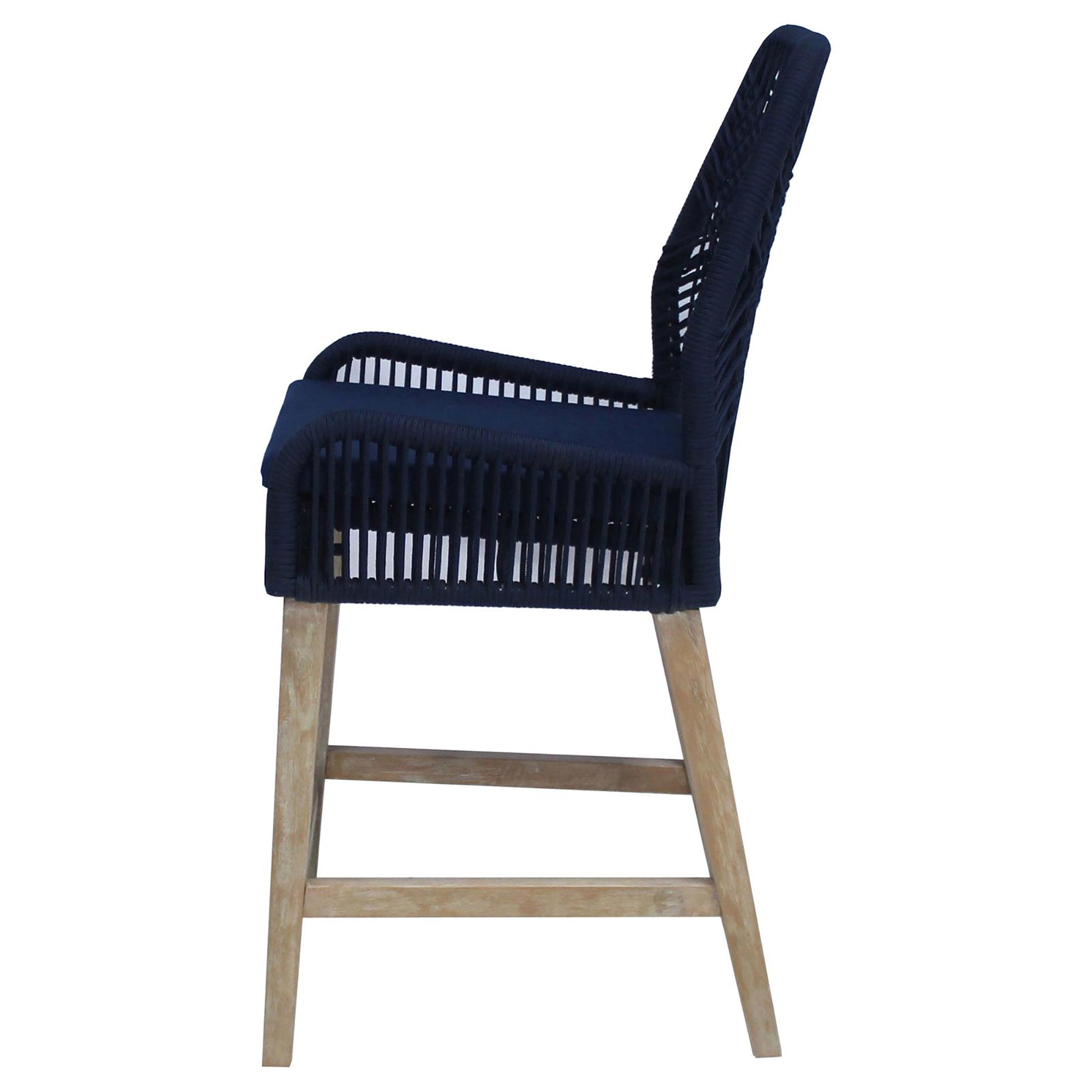 Navy blue woven rope bar stool with light wood legs perfect for a coastal kitchen island
