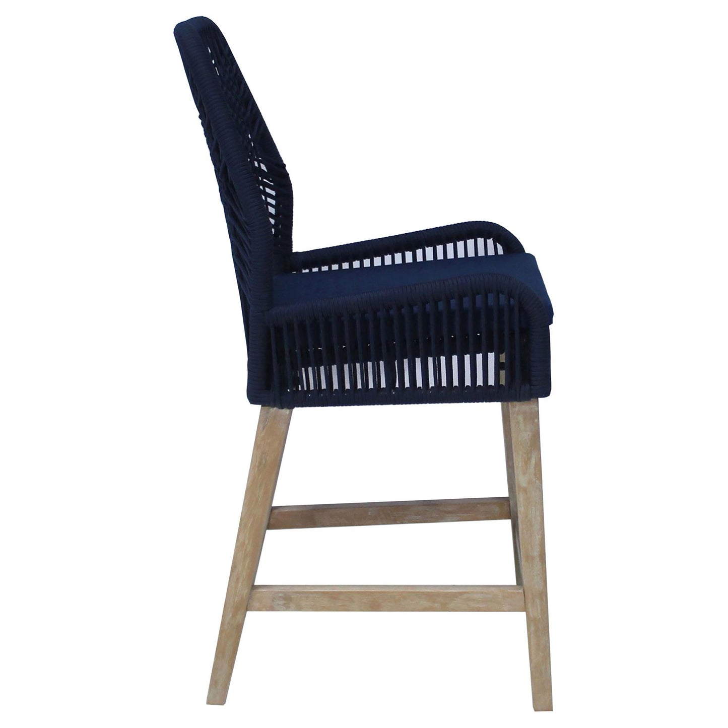 Dark navy woven bar stool with comfortable cushion and light wood legs