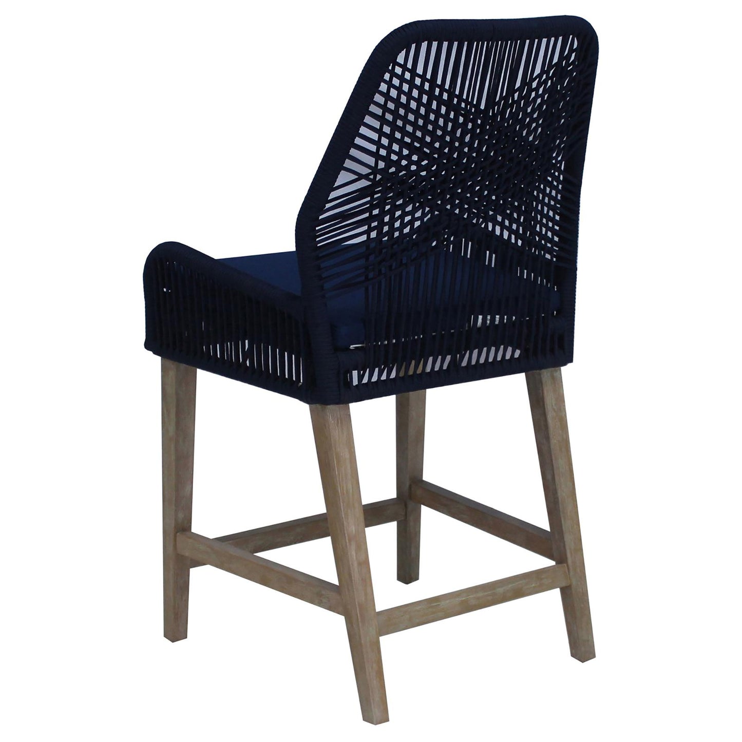 Dark blue woven rope counter stool with natural wood legs and navy cushion