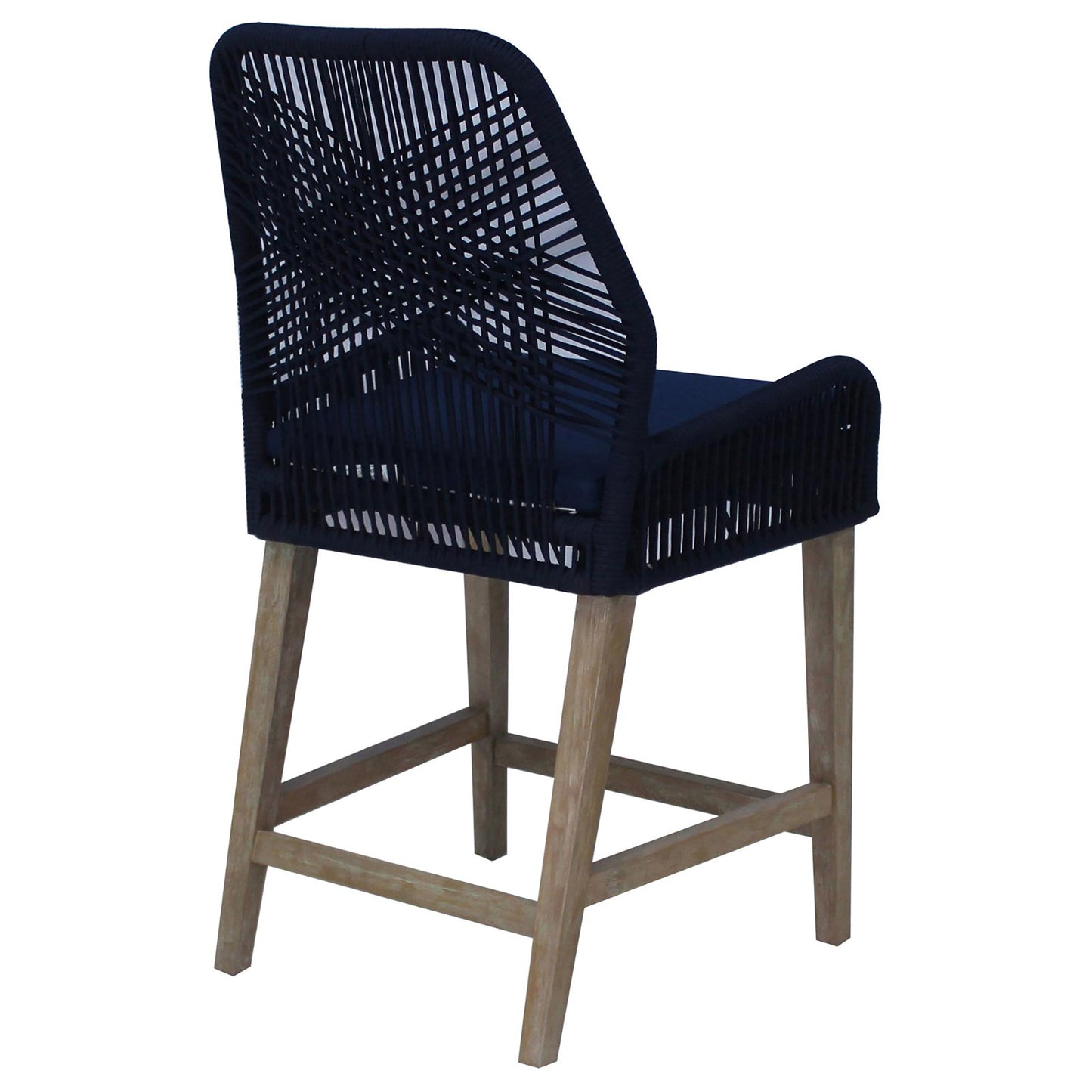 Navy woven outdoor bar stool with a natural wood base for stylish patio seating