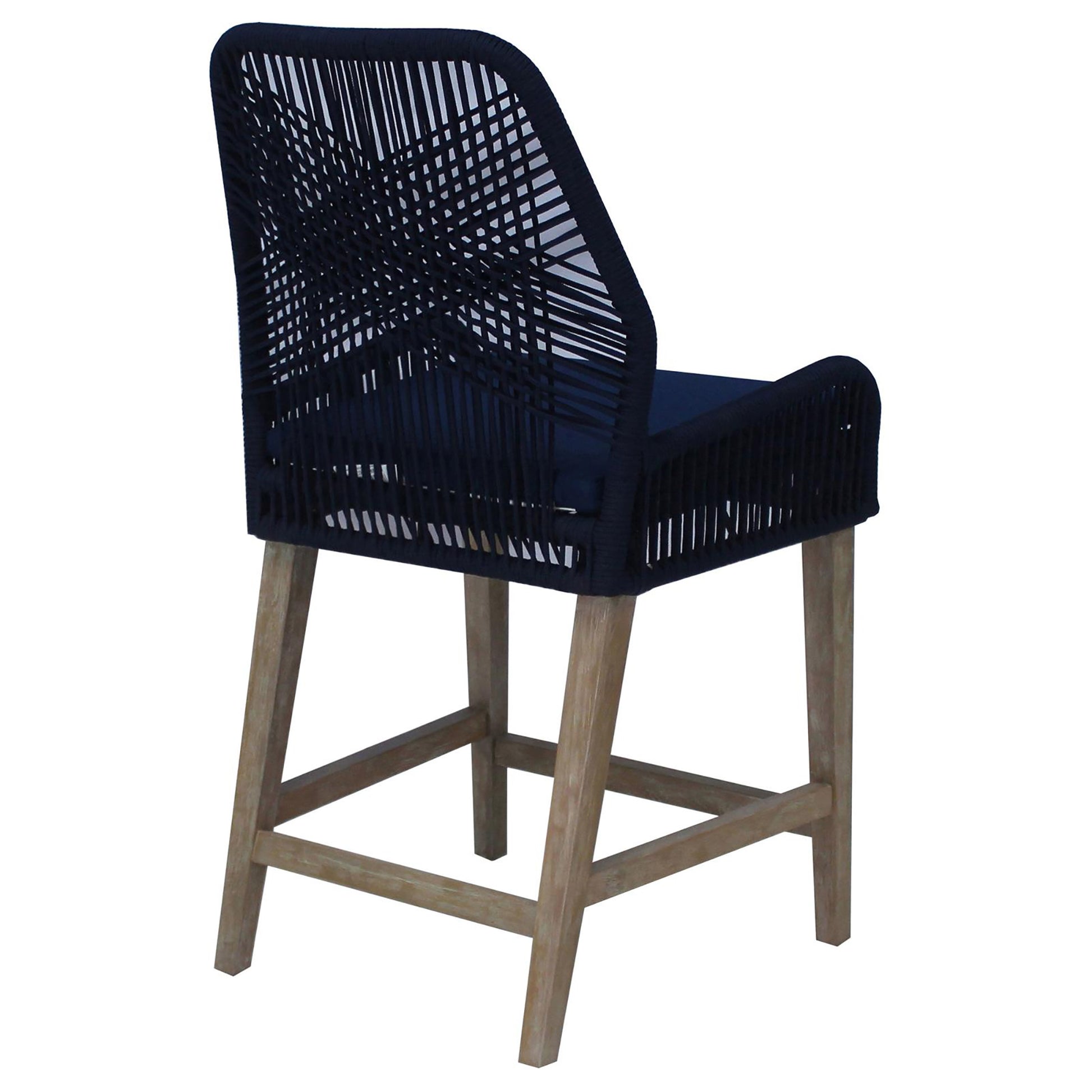 Navy woven outdoor bar stool with a natural wood base for stylish patio seating