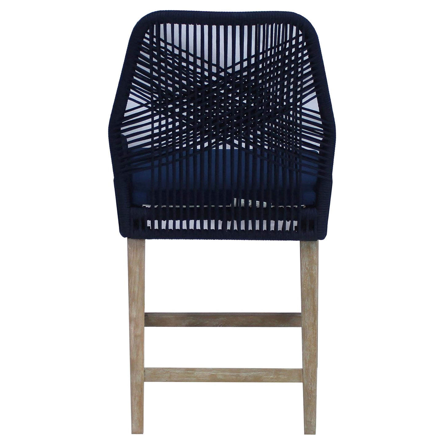 Dark navy woven rope outdoor bar stool with natural wood legs