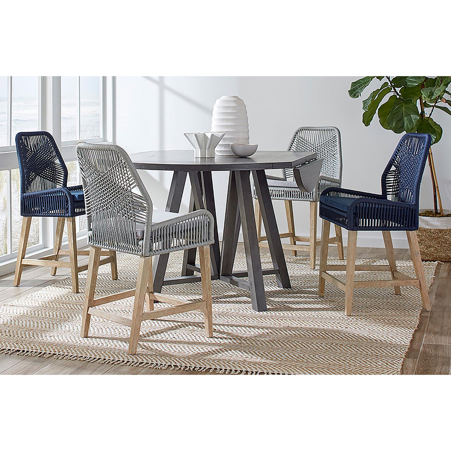 Outdoor counter stools in navy blue woven rope with natural wood legs set of two