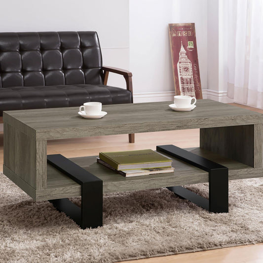 Grey wood coffee table with open shelf and black metal legs contemporary style