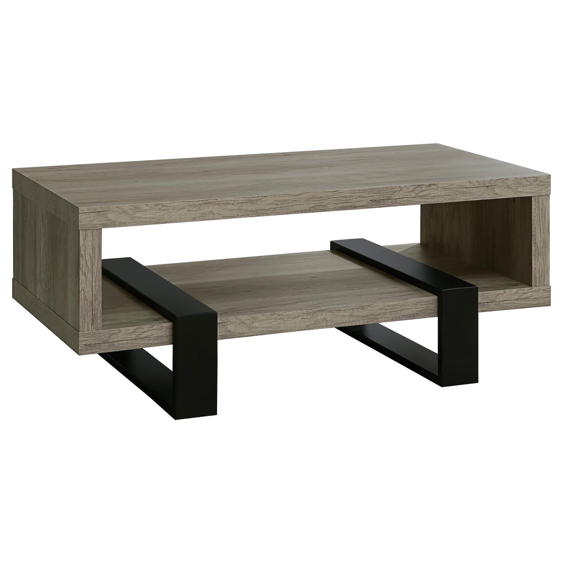 Rustic grey wood coffee table with black metal legs and open shelf