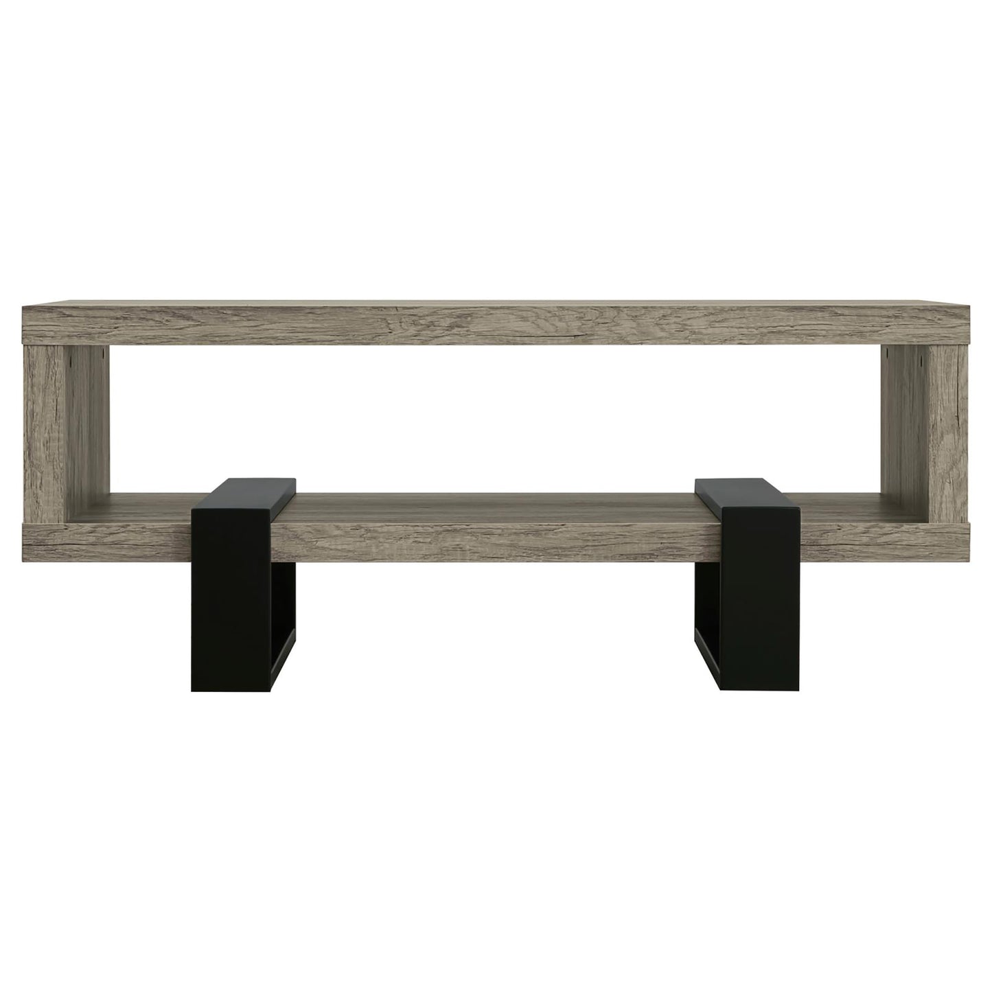 Rustic oak finish coffee table with black metal legs and open shelf storage