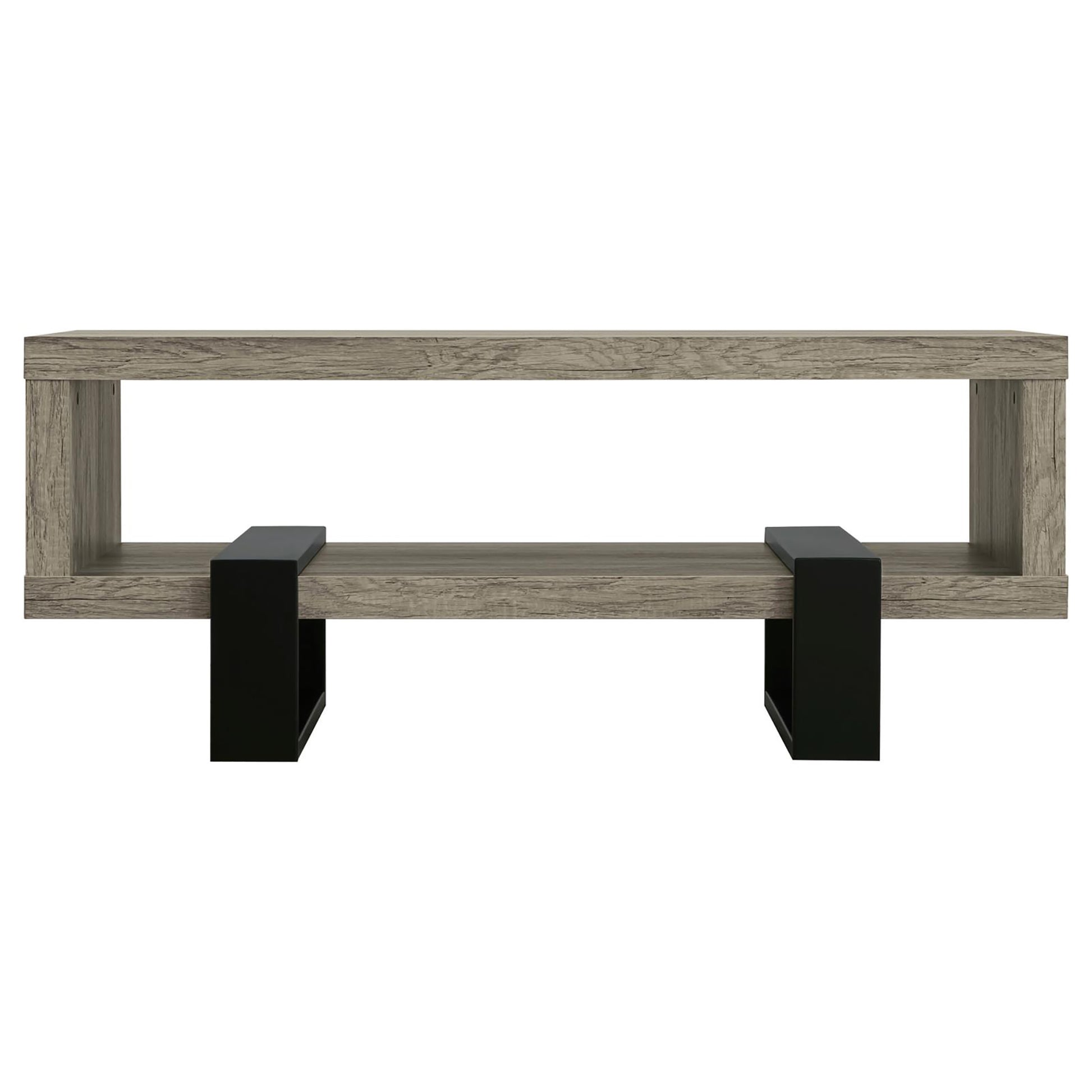 Rustic oak finish coffee table with black metal legs and open shelf storage