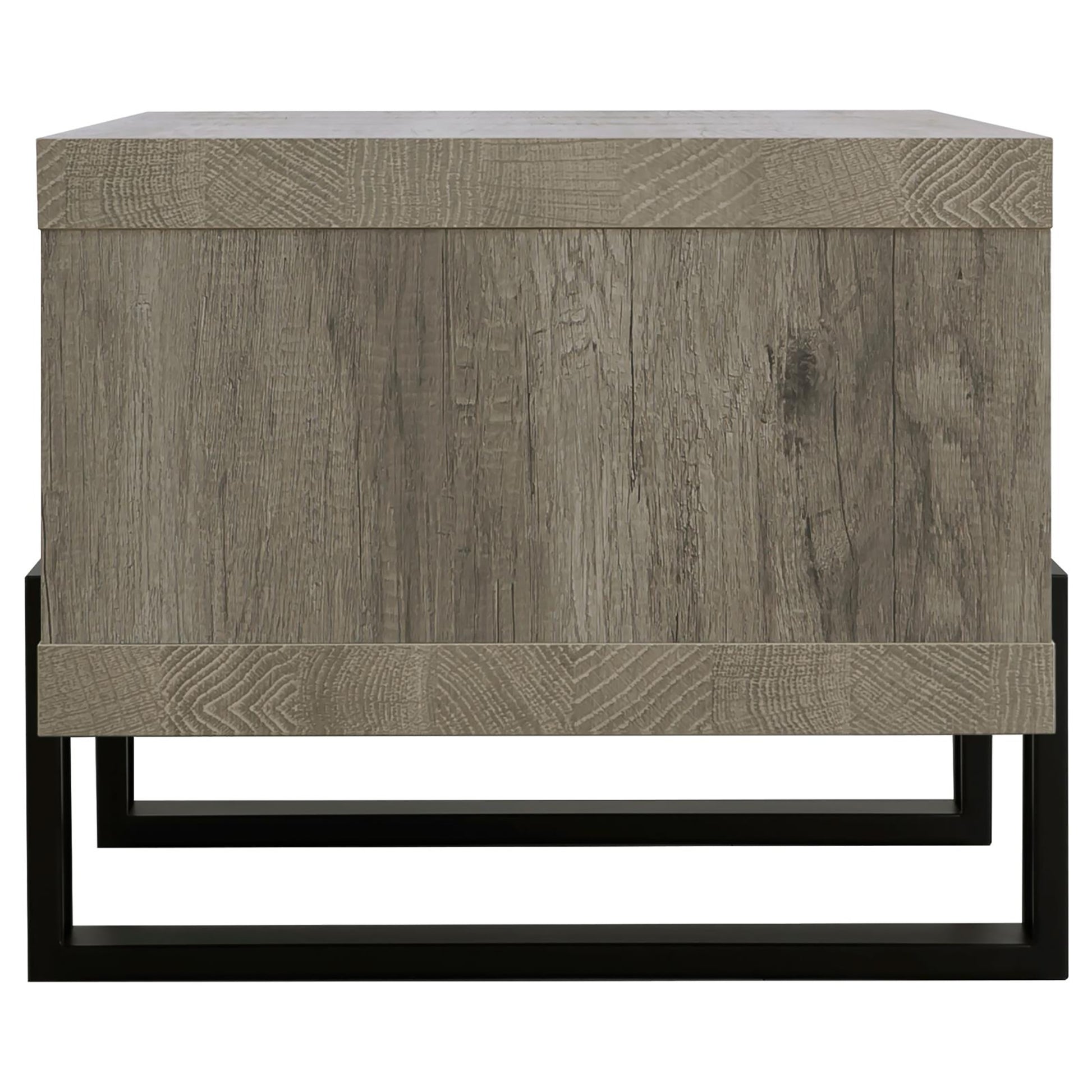 Modern gray wood nightstand with black metal frame featuring a subtle wood grain texture for a sophisticated look