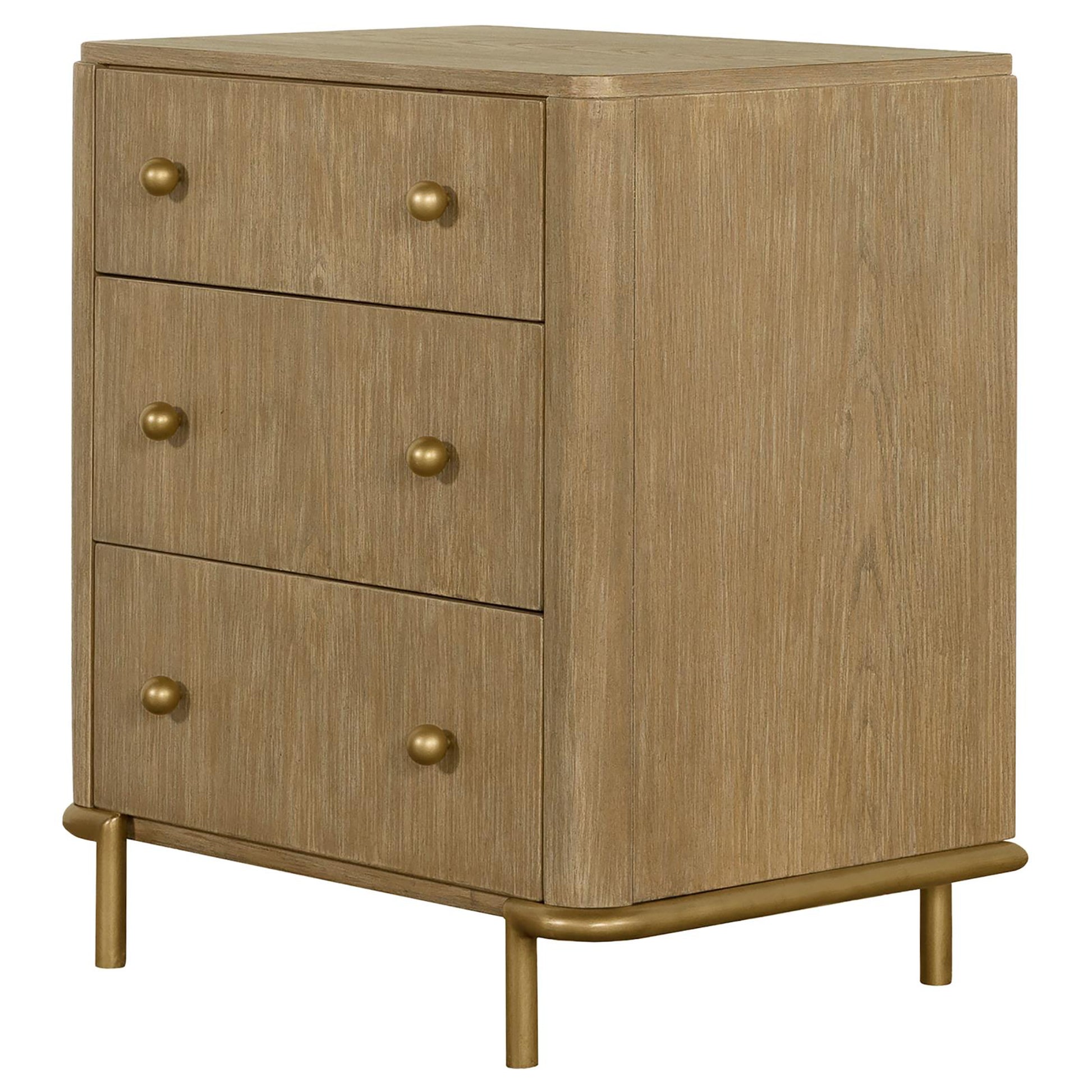 Threedrawer blonde oak dresser with brass hardware and gold legs