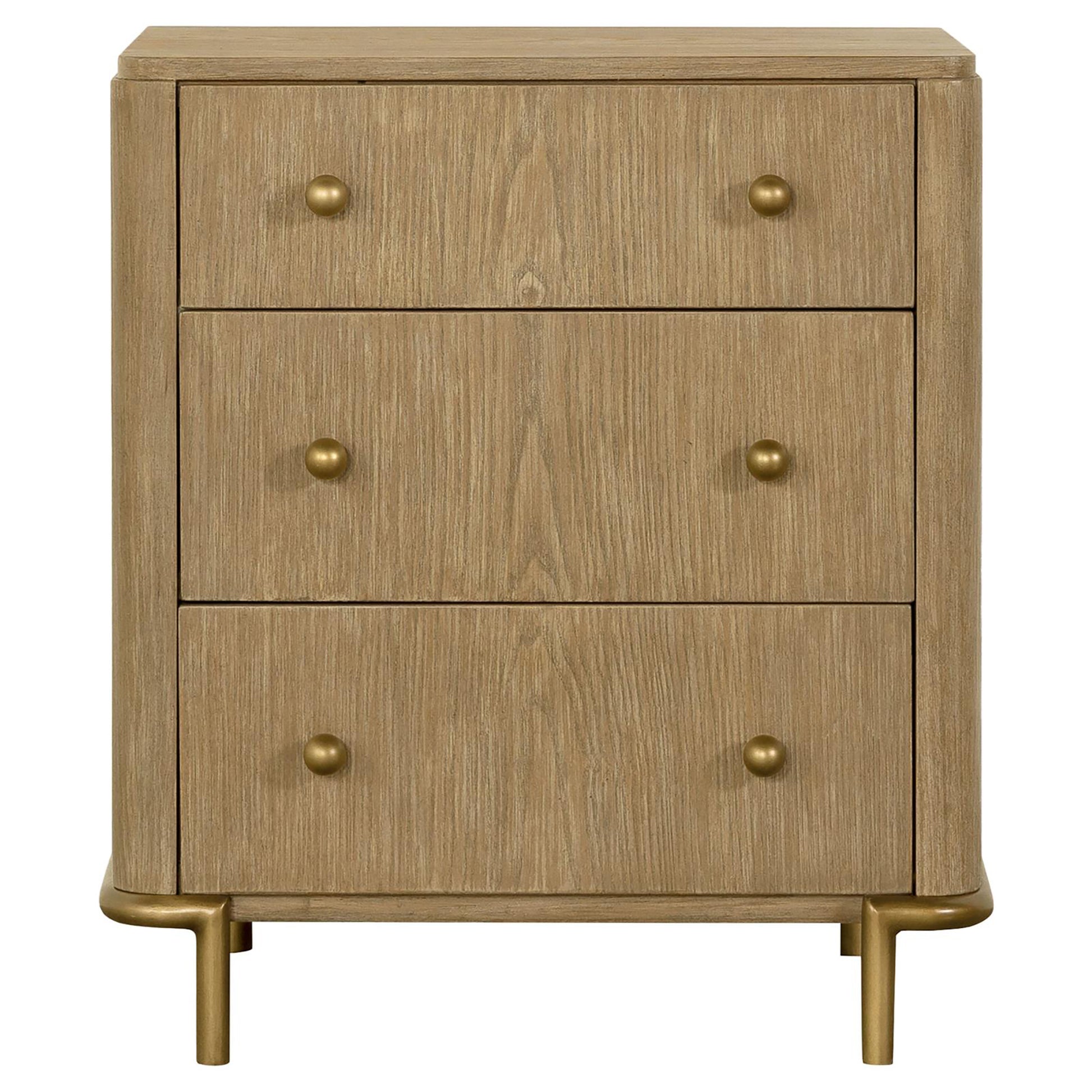 Light oak threedrawer dresser with brushed gold hardware and legs suitable for bedroom storage