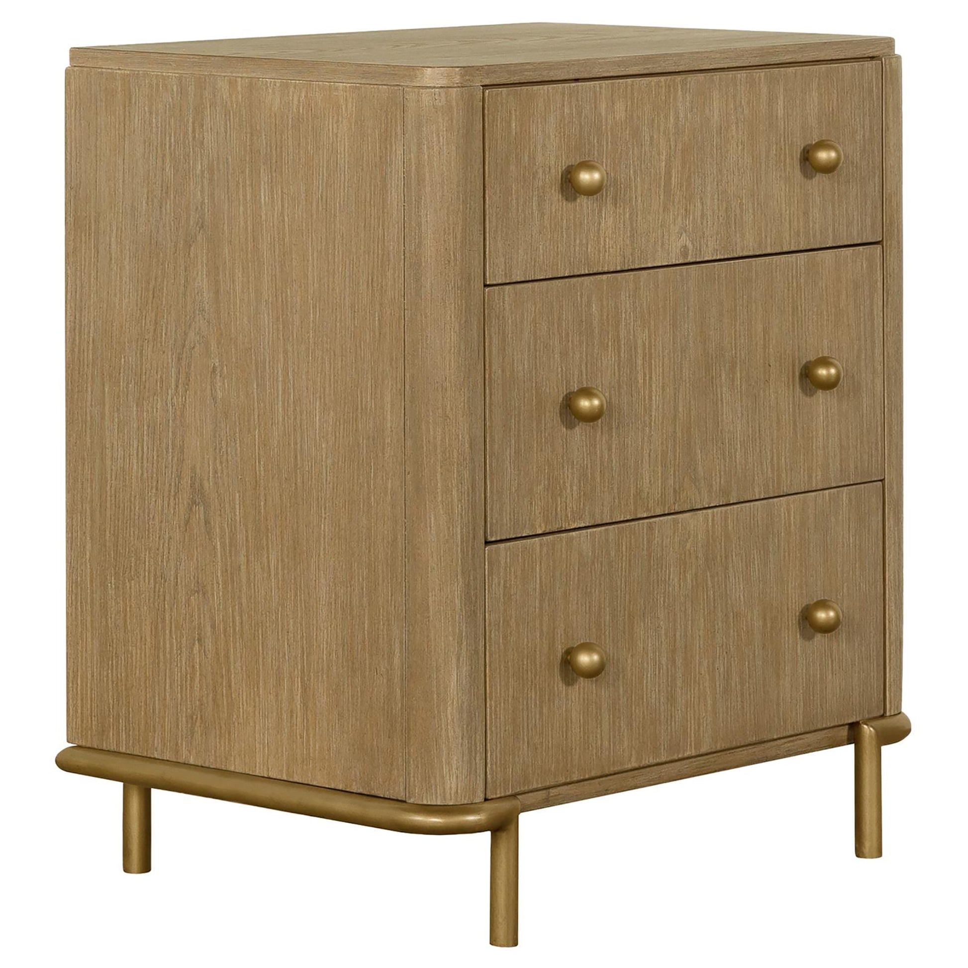 Natural wood threedrawer chest with brass knobs and elegant metal legs