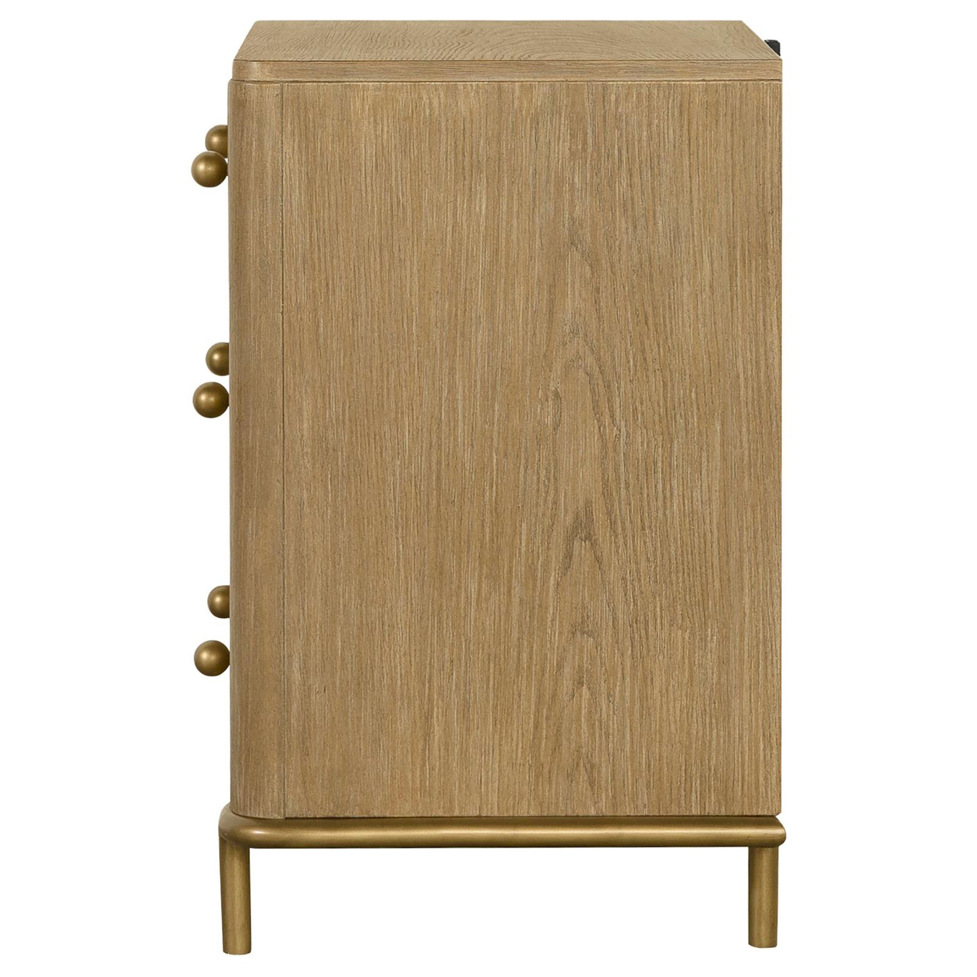 Light oak dresser with brass ball knobs and matching brass legs for a modern look