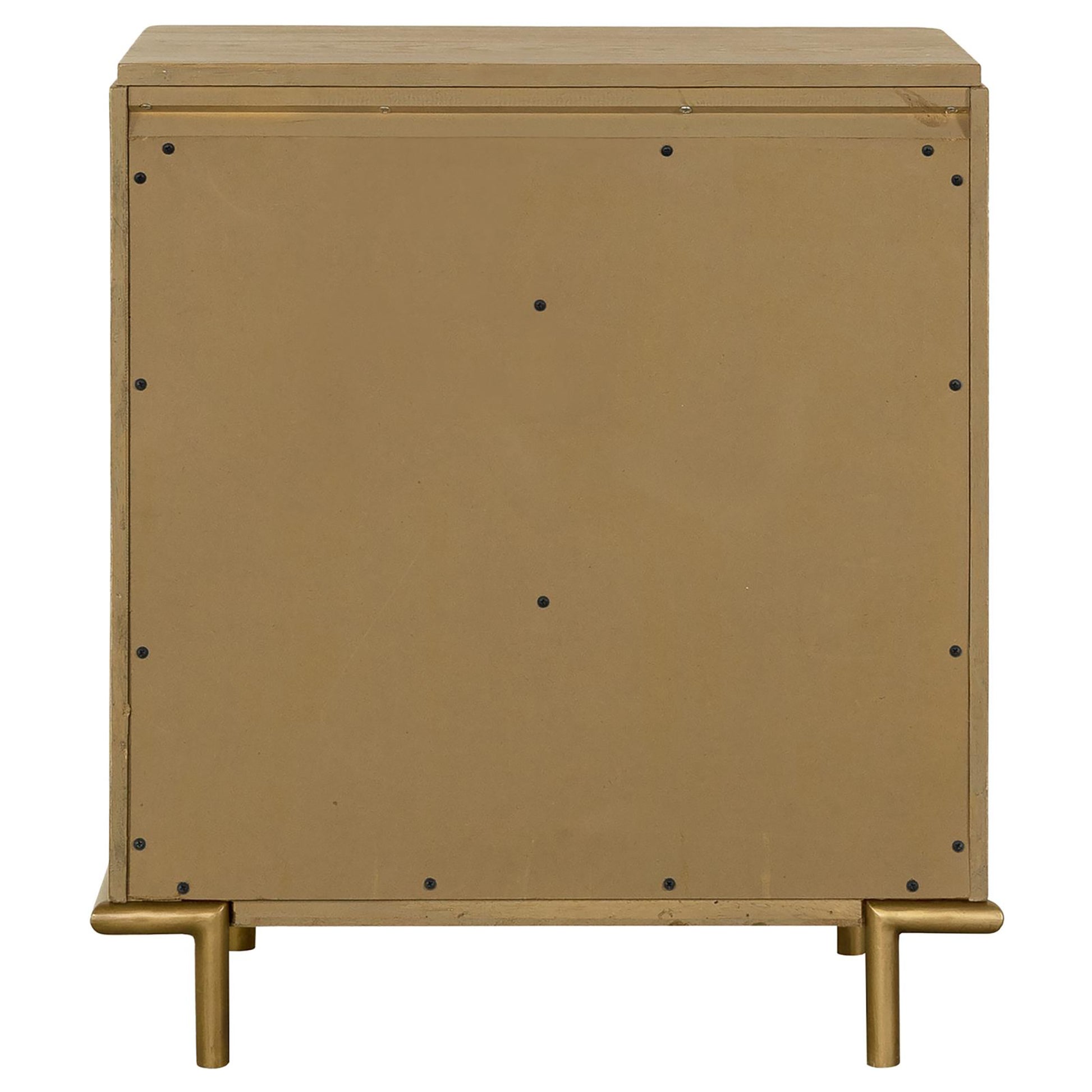 Back view of a gold painted wooden bedside table with metal legs