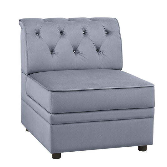 Gray tufted back accent chair with plush velvet upholstery and silver crystal buttons