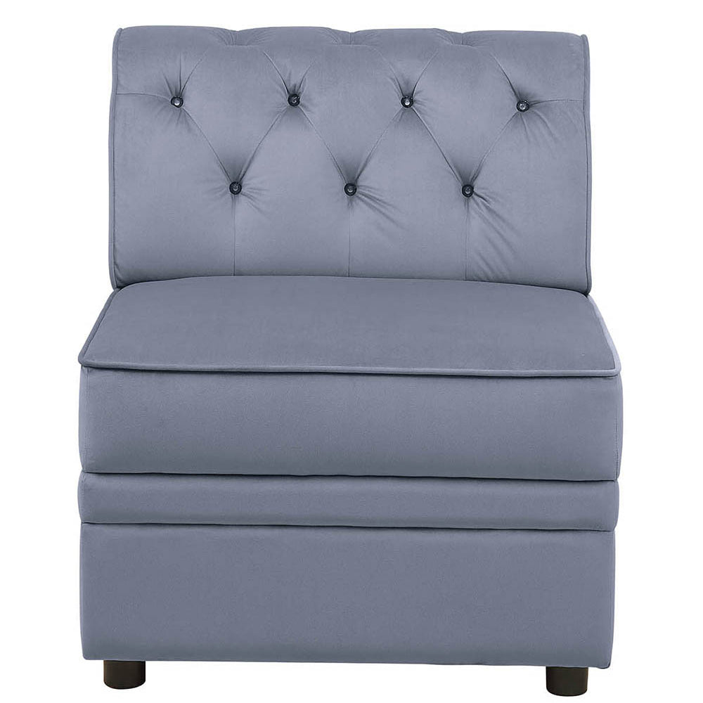 Tufted grey velvet armchair with deep button accents perfect for modern living rooms