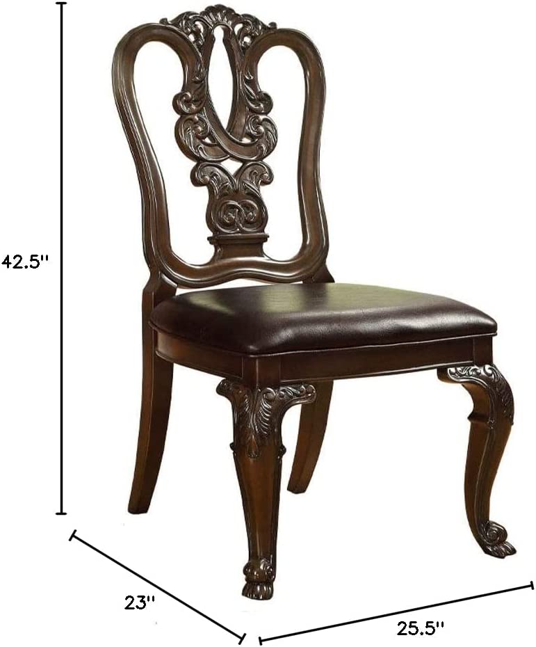 Ornate dark brown wooden dining chair with a padded leather seat and intricate backrest design