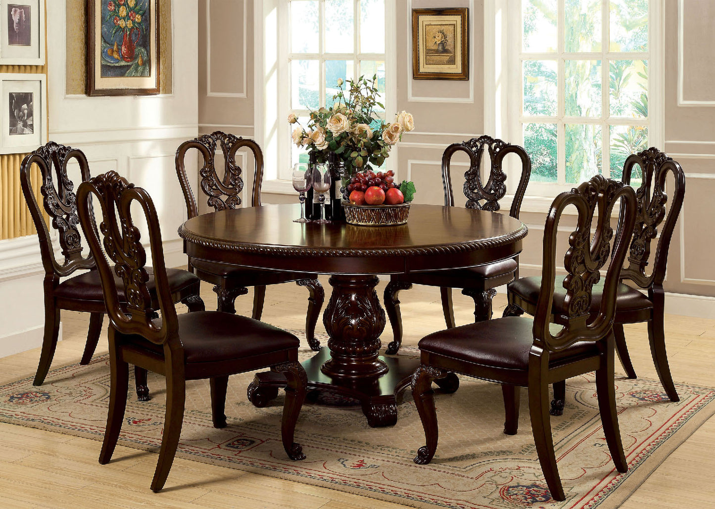 Round dark wood dining table with ornate carved chairs and leather seats elegant traditional dining set