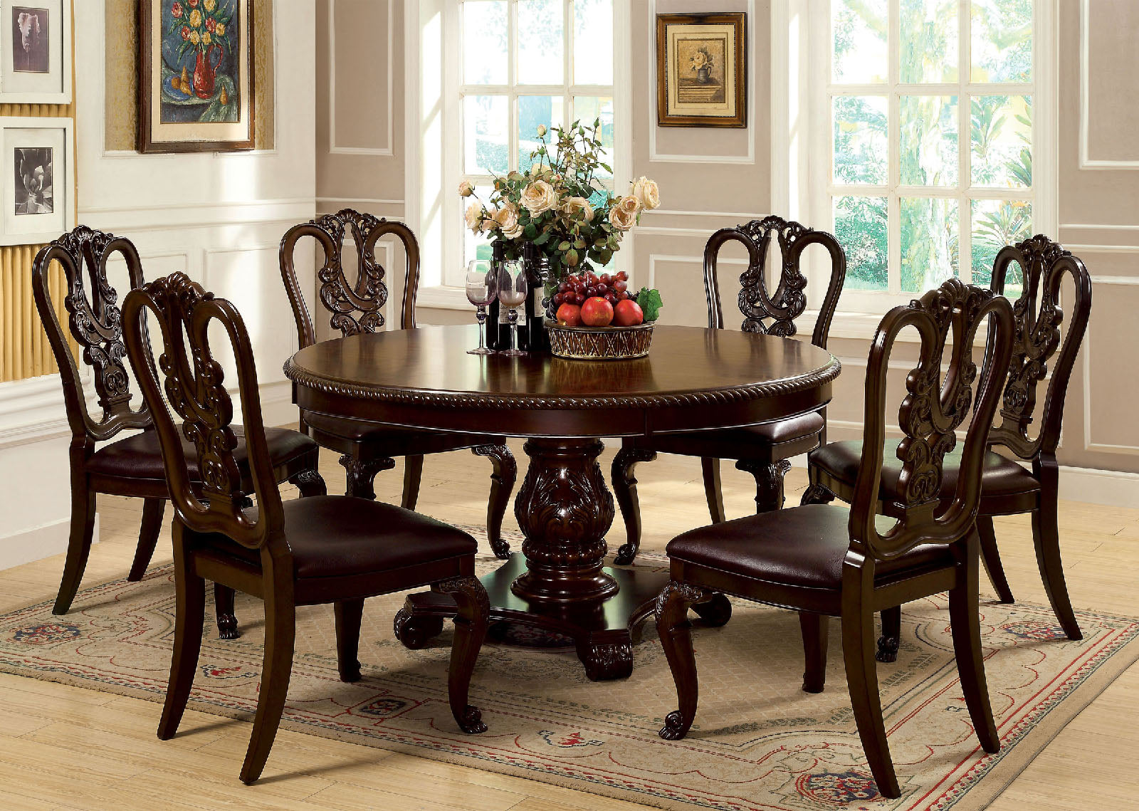 Round dark wood dining table with ornate carved chairs and leather seats elegant traditional dining set