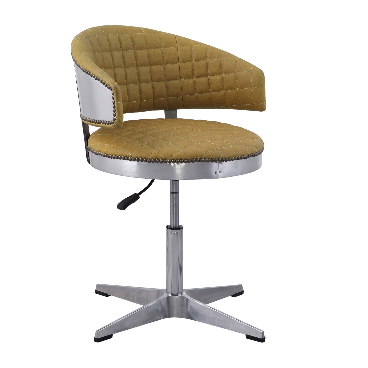 Quilted mustard yellow accent chair with brushed aluminum base and silver nailhead trim