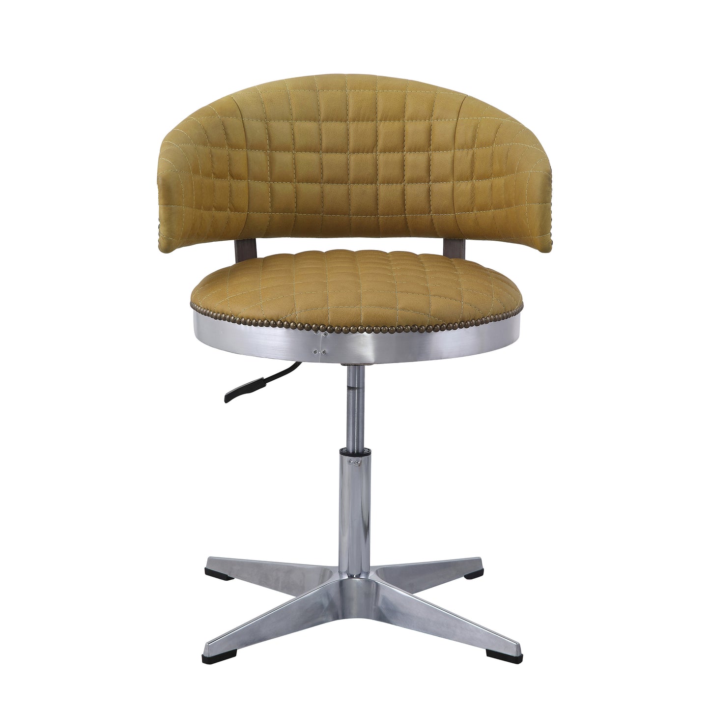 Tan quilted faux leather desk chair with adjustable height and silver base