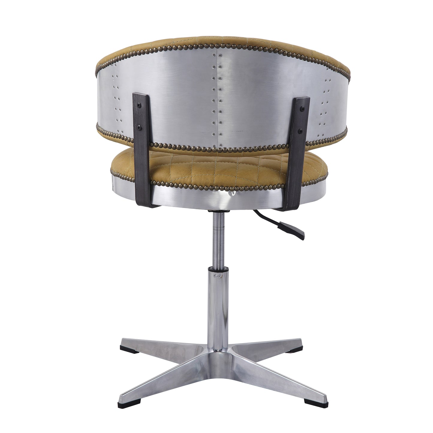 Tan quilted leather accent chair with polished aluminum shell and studded details