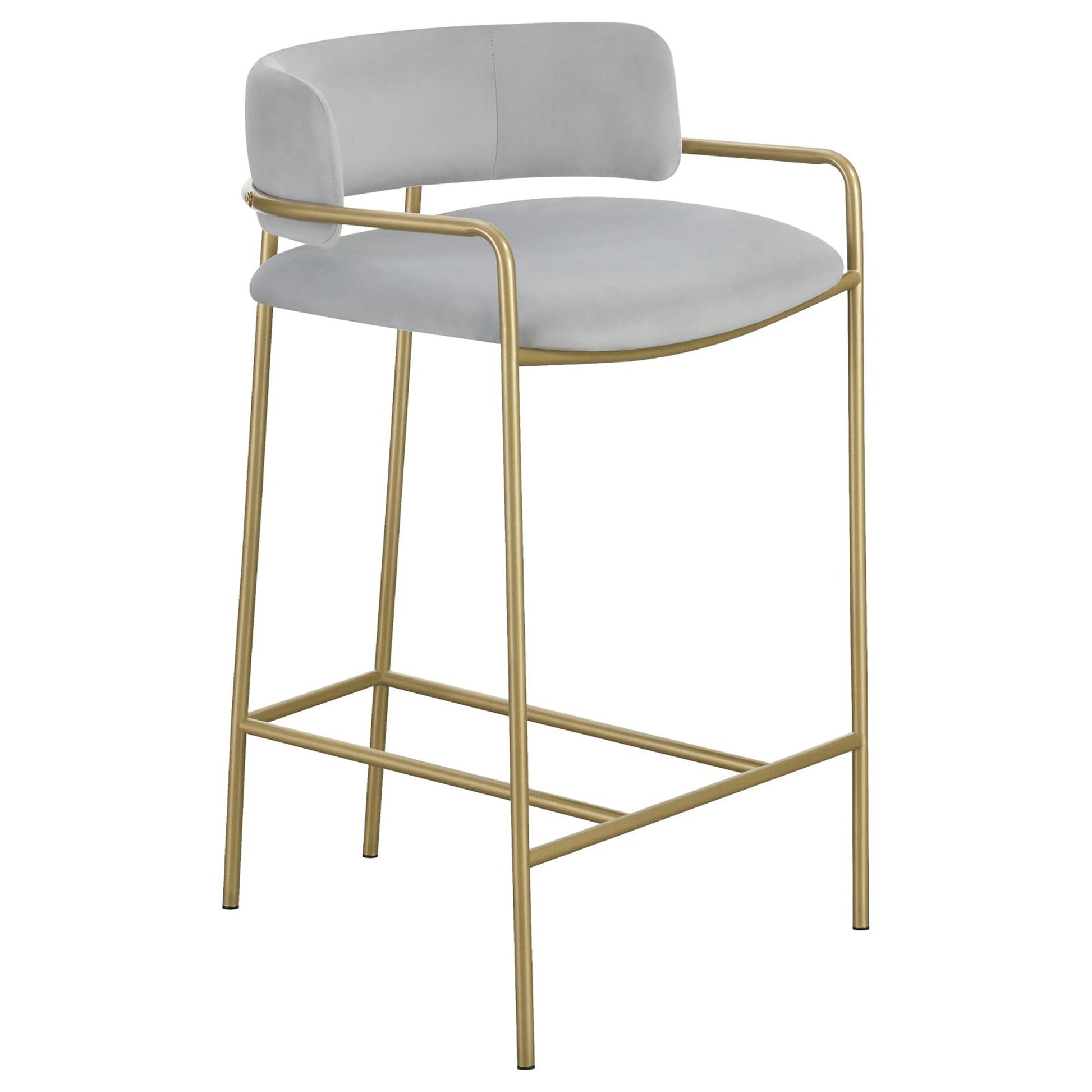 Light gray velvet bar stool with curved back golden metal legs and armrests