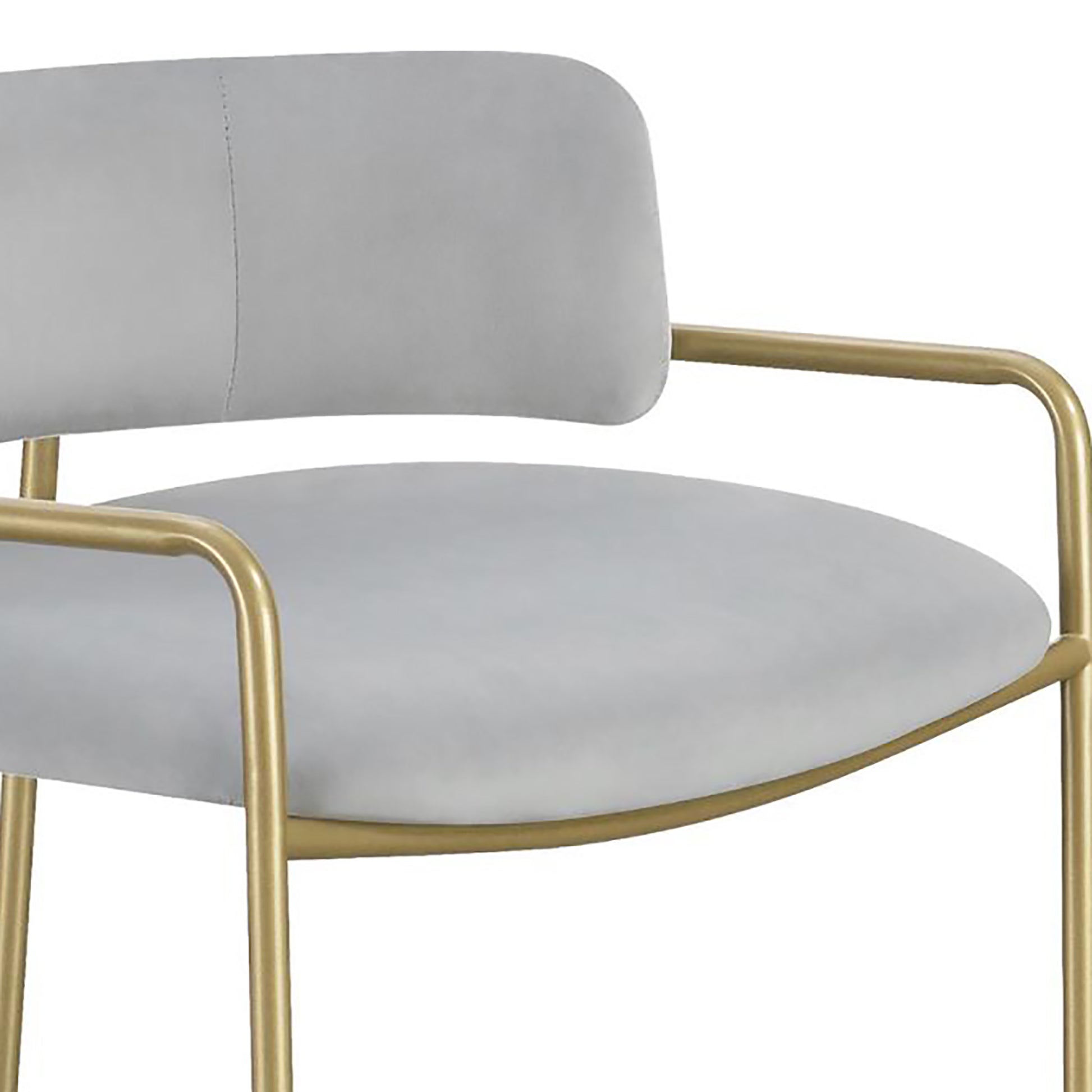 Light gray velvet accent chair with polished brass metal frame and armrests