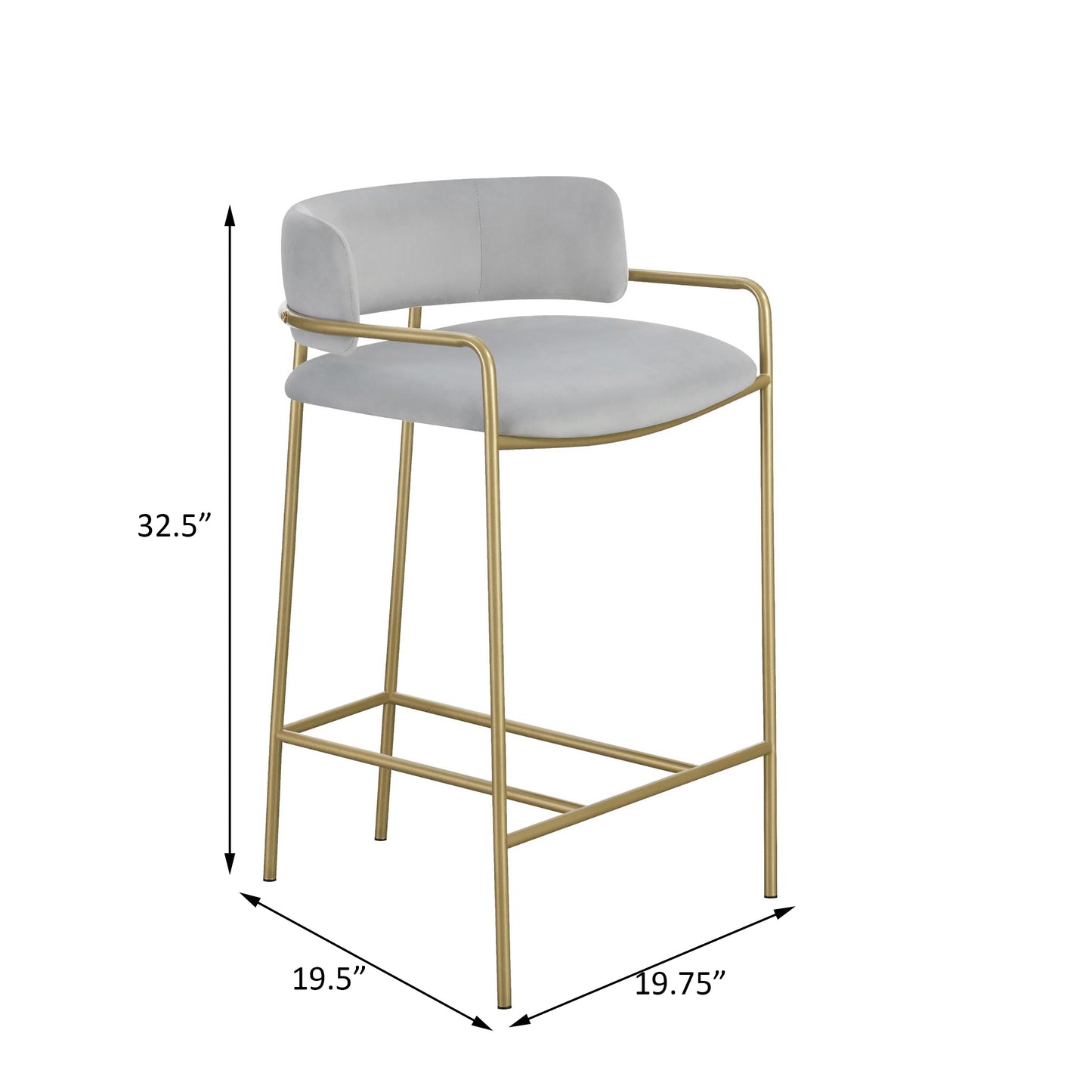 Light grey velvet upholstered bar stool with gold metal frame and arms