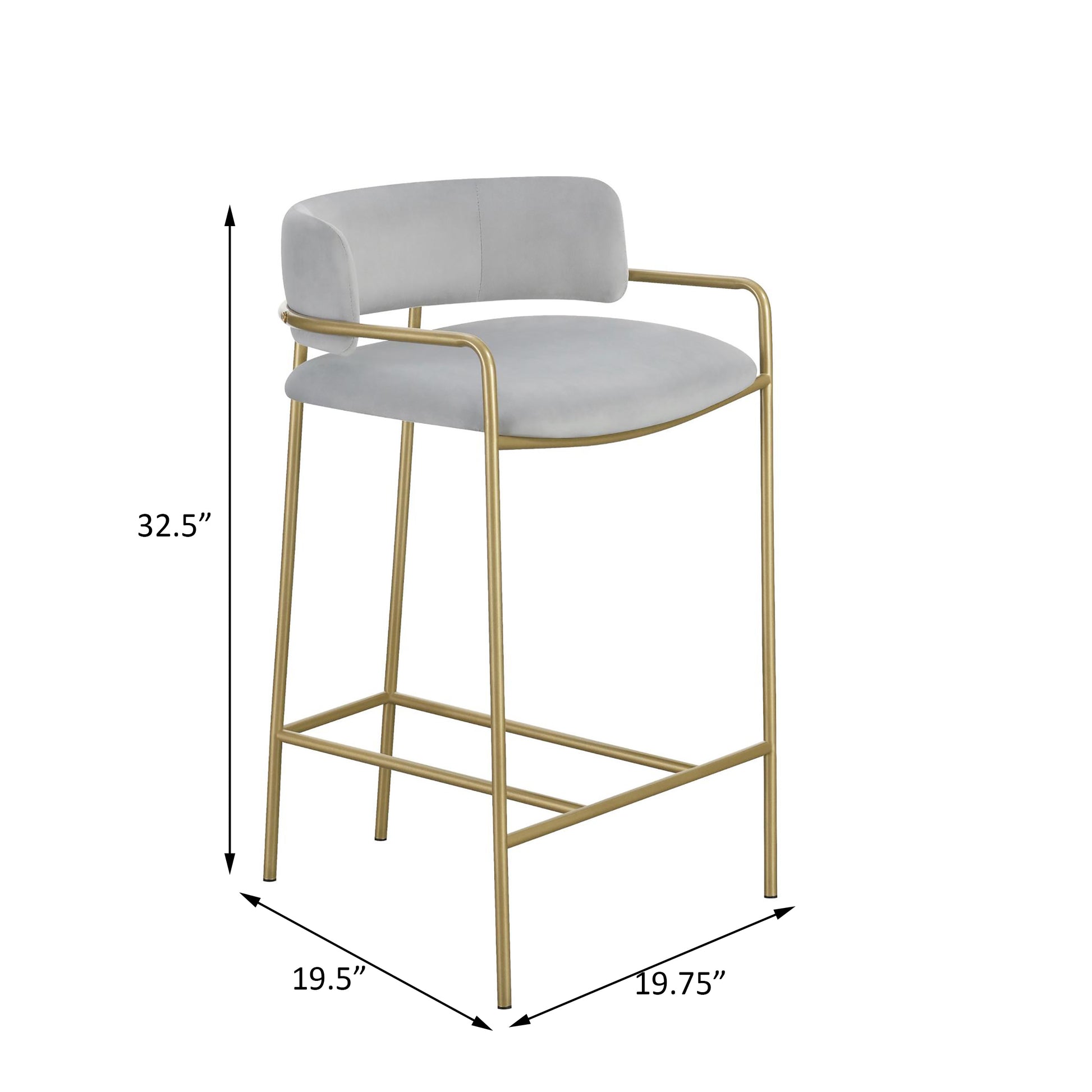 Light grey velvet upholstered bar stool with gold metal frame and arms