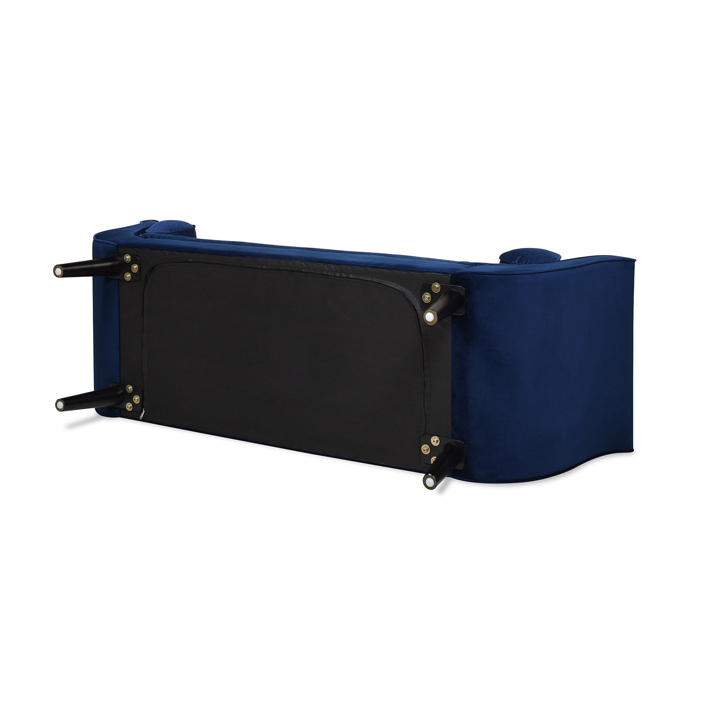 Navy velvet bench underside with attached black legs