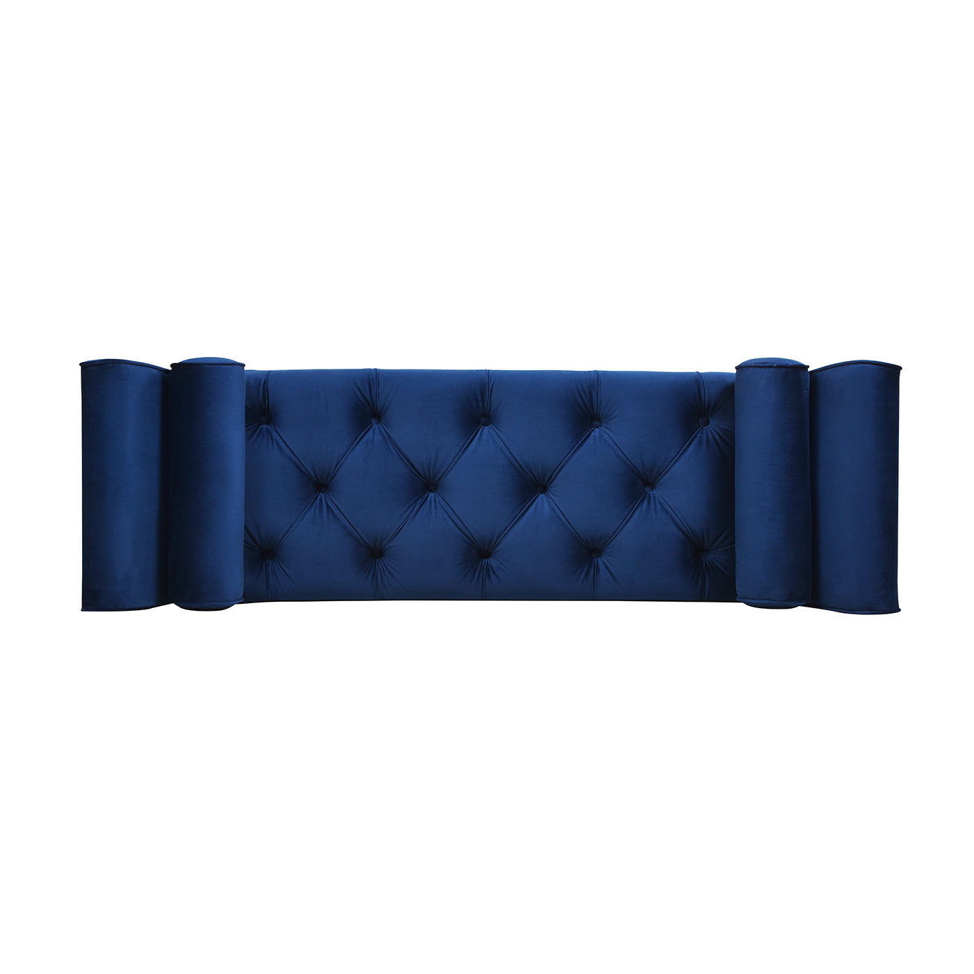 Deep navy velvet tufted headboard with cylindrical side accents