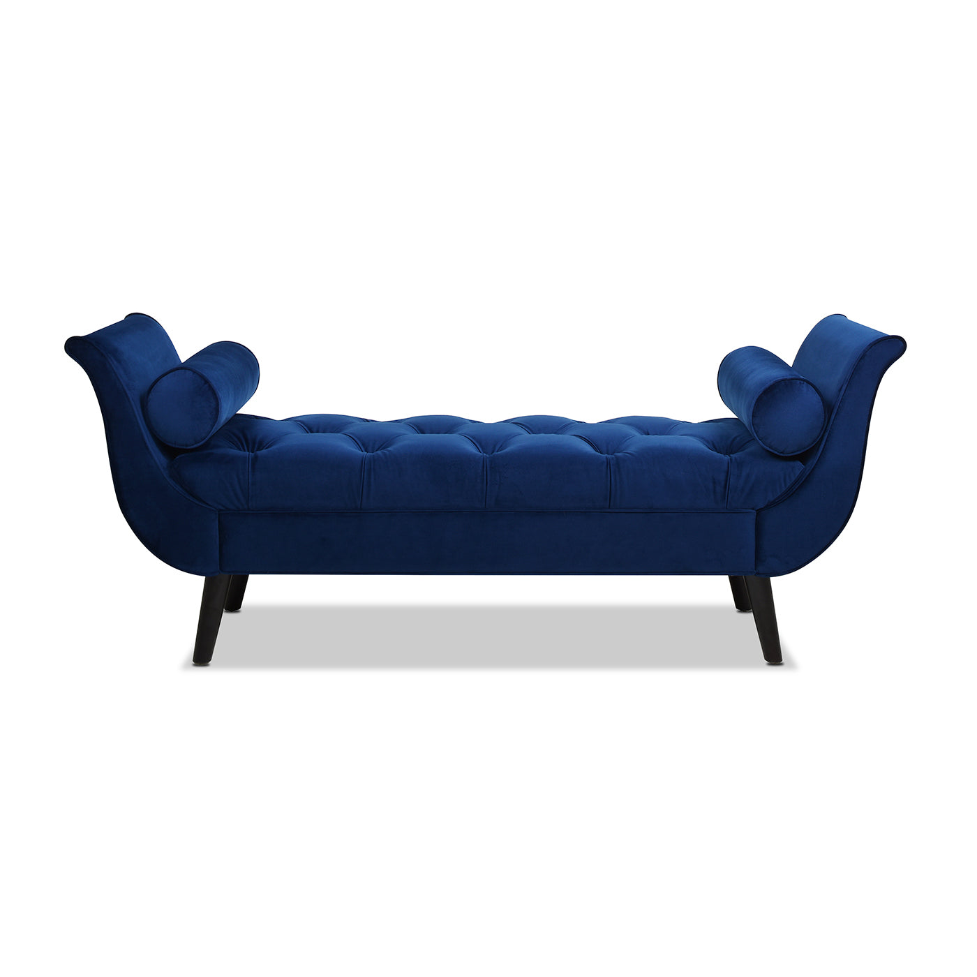 Deep blue velvet chaise lounge with tufted seat and bolsters