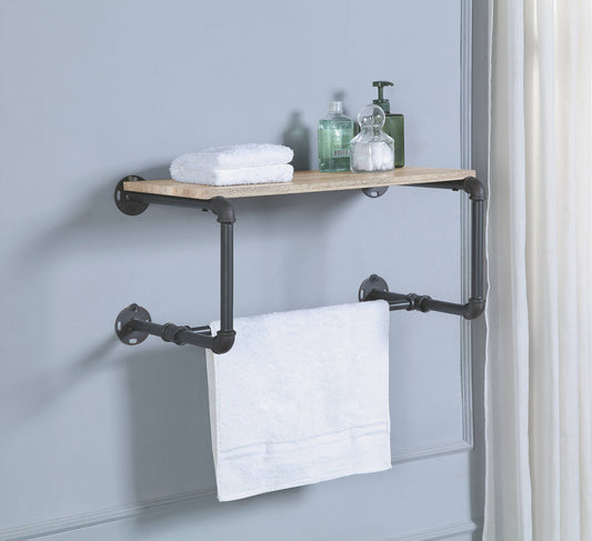 Industrial pipe shelf with wooden top and towel bar brushed metal finish