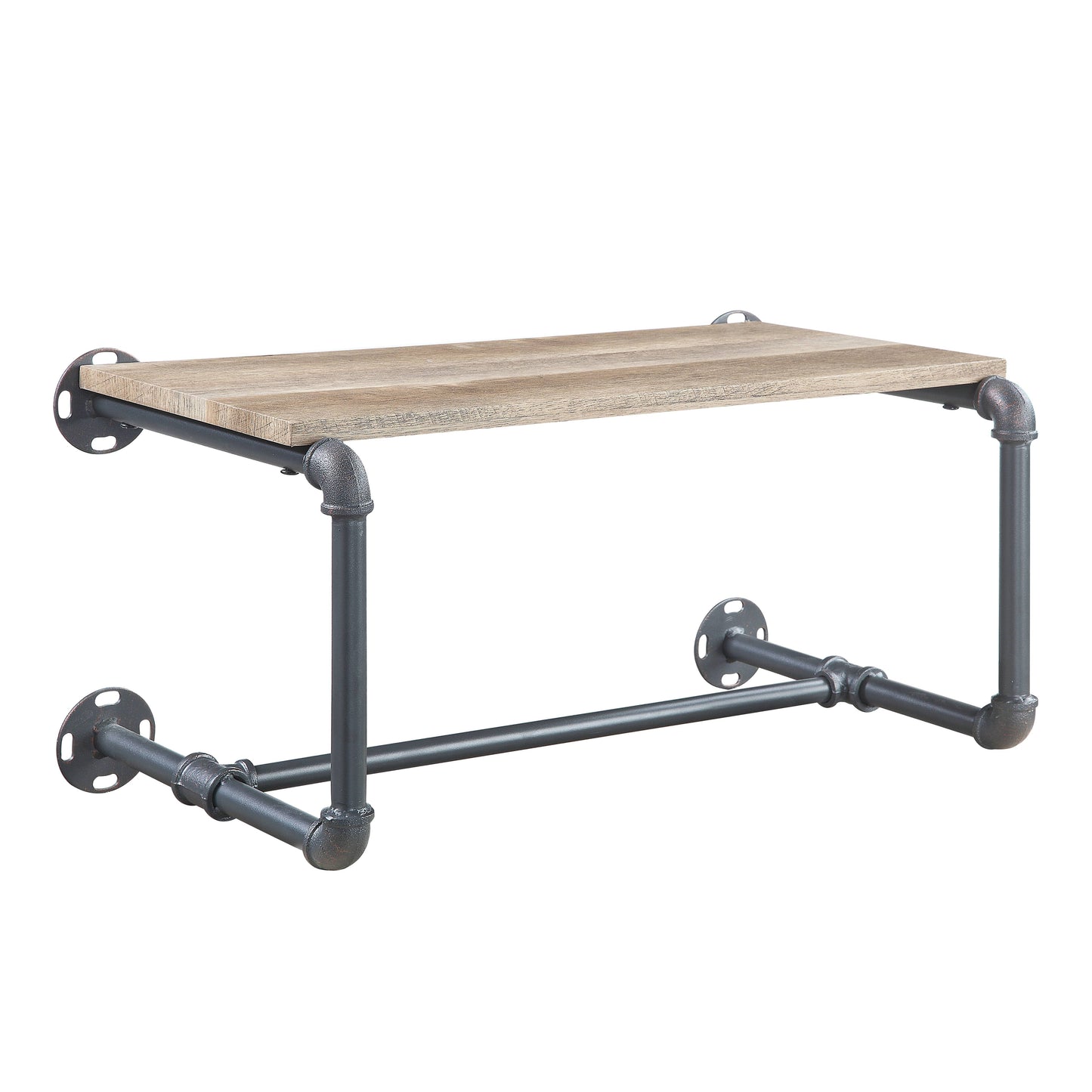 Rustic wooden pipe shelf with industrial dark gray metal frame  inches