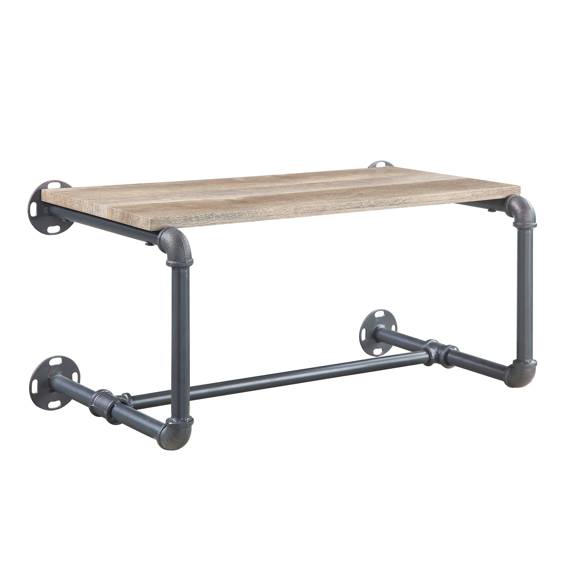 Rustic wooden pipe shelf with industrial dark gray metal frame  inches
