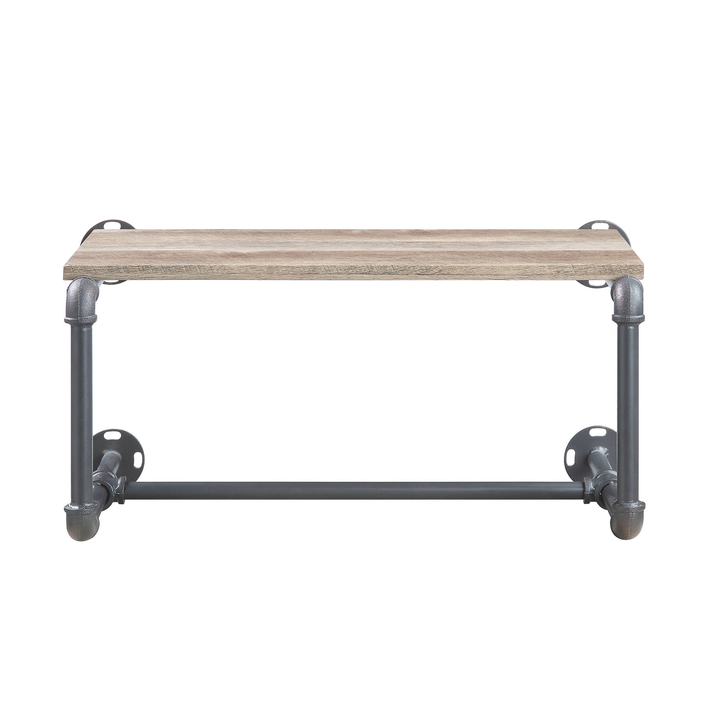 Rustic wood pipe shelf with industrial gray metal frame  inches wide