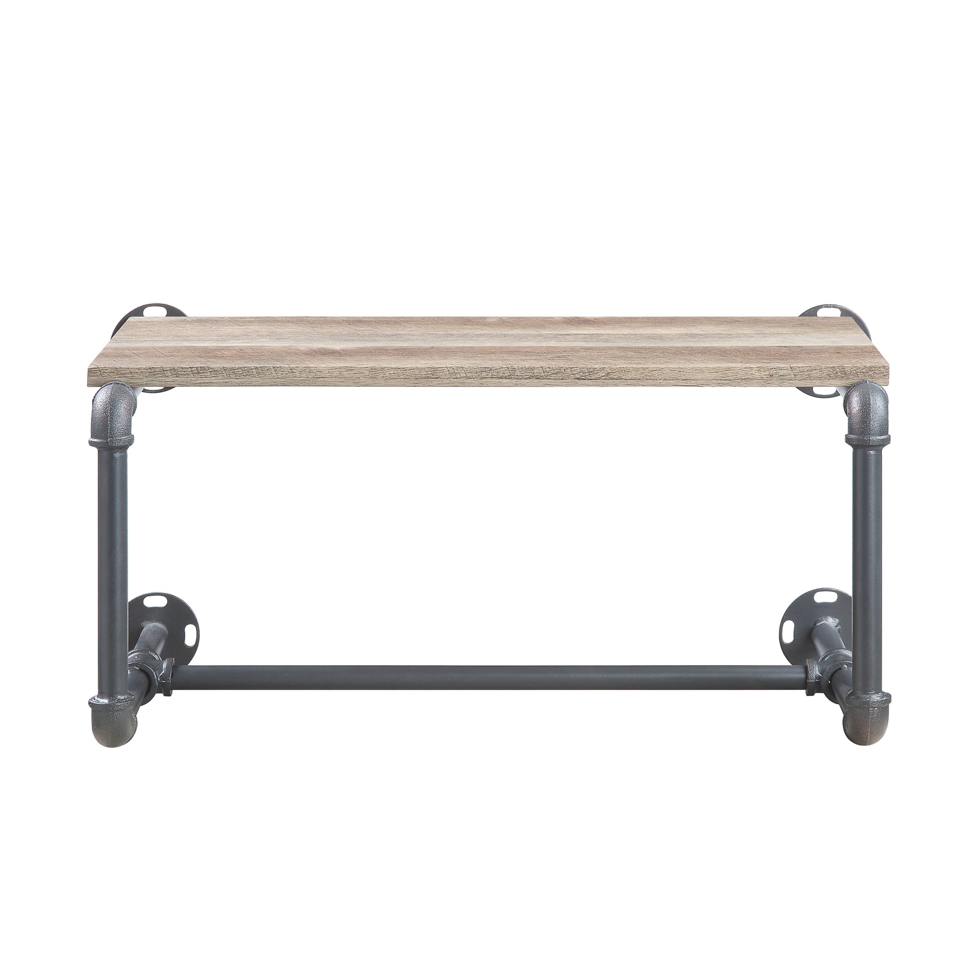 Rustic wood pipe shelf with industrial gray metal frame  inches wide