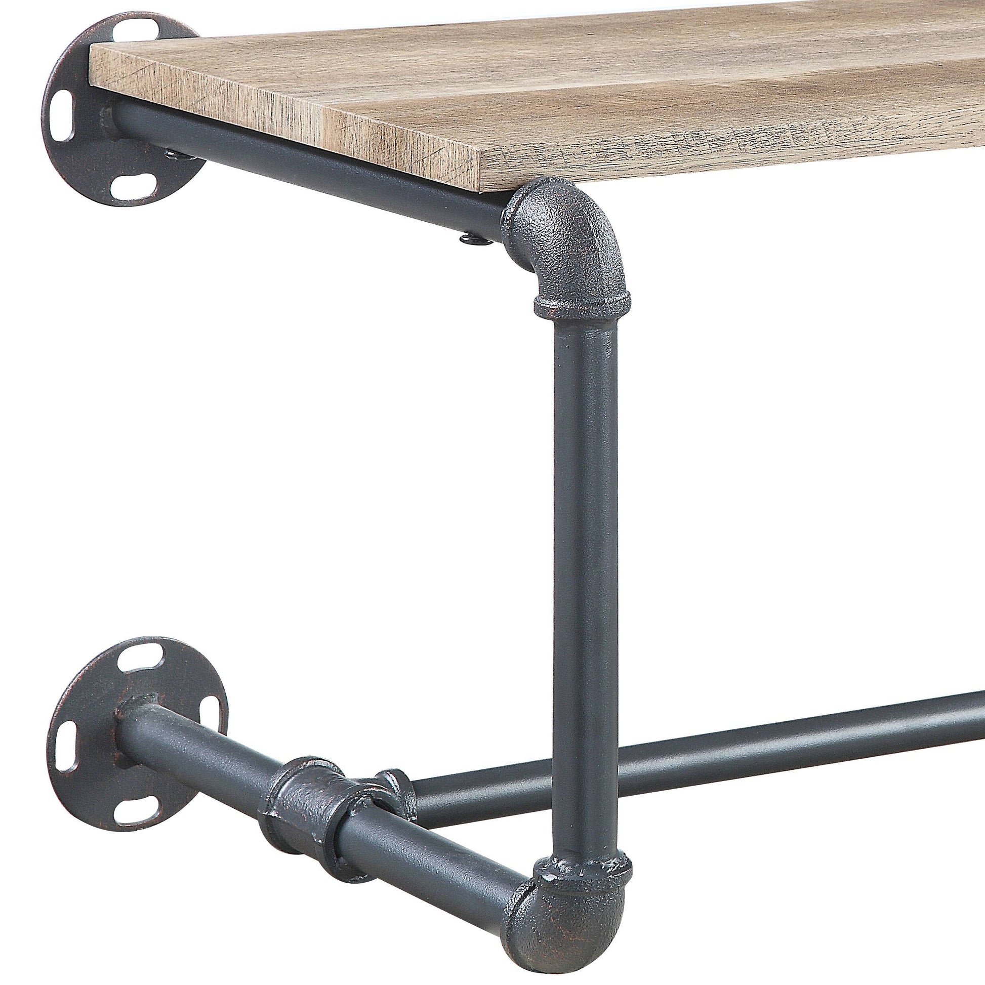 Industrial pipe shelf with weathered wood finish featuring dark gray pipe supports