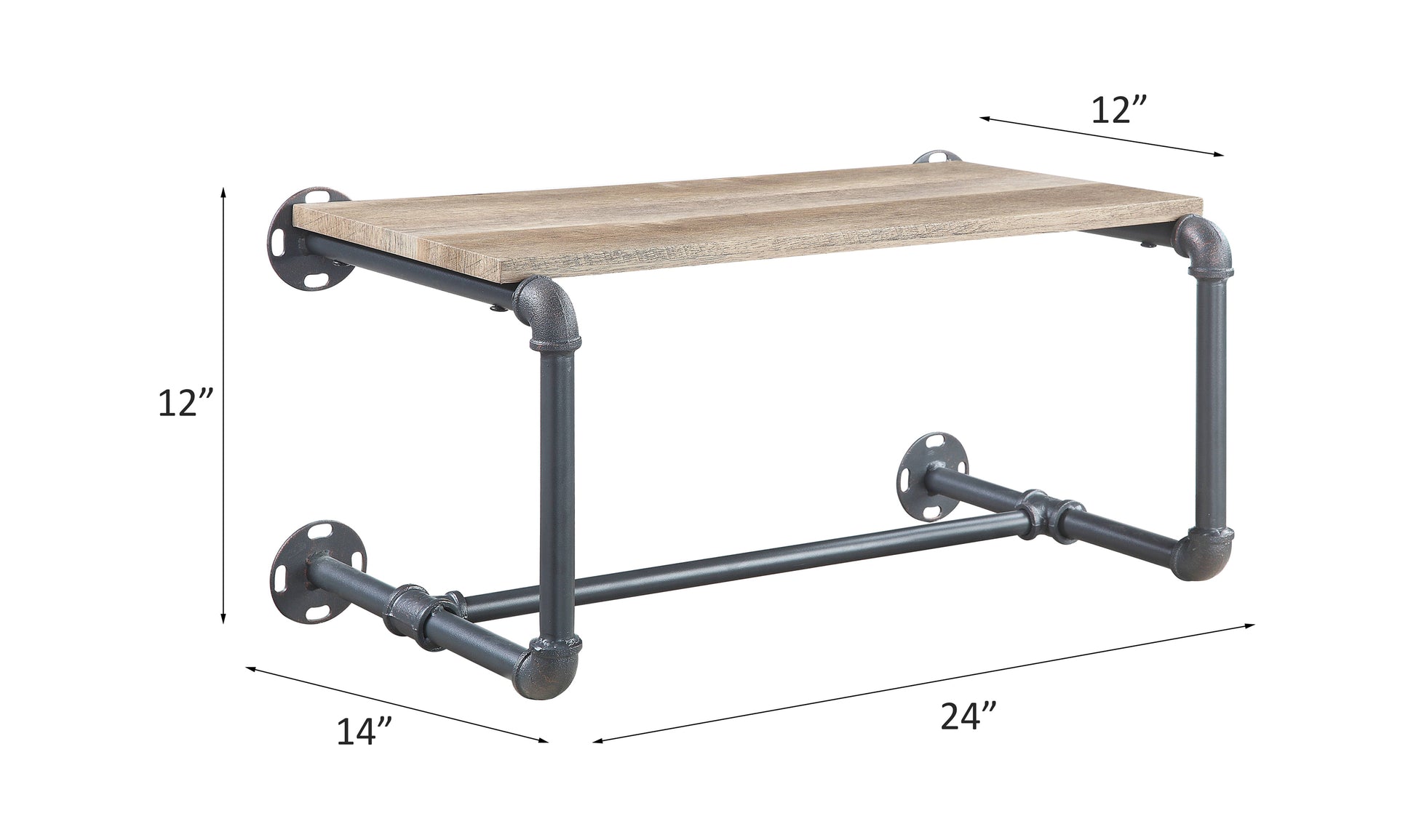 Industrial pipe shelf with light wood finish  L x  D x  H