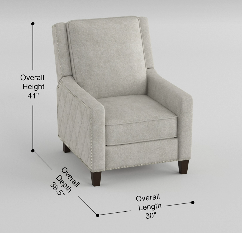 Beige upholstered recliner chair with diamond tufted arms and nailhead trim