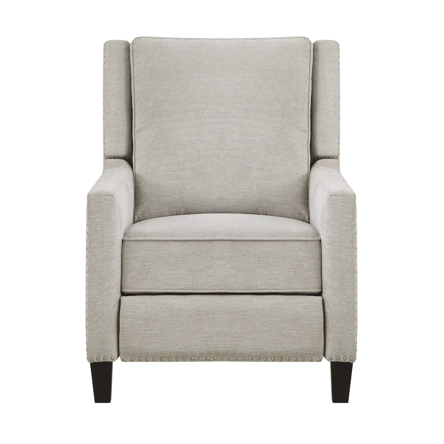 Light grey fabric recliner chair with silver nailhead trim and dark wooden legs