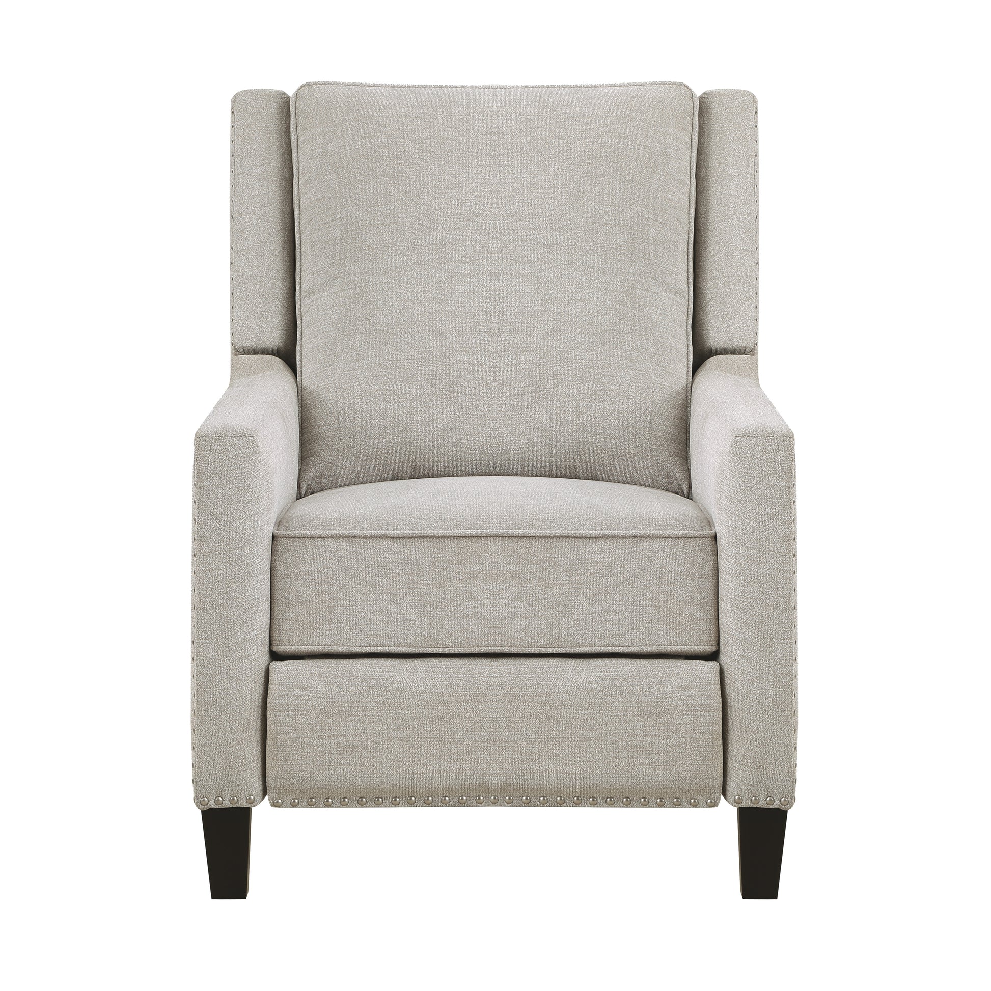 Light grey fabric recliner chair with silver nailhead trim and dark wooden legs